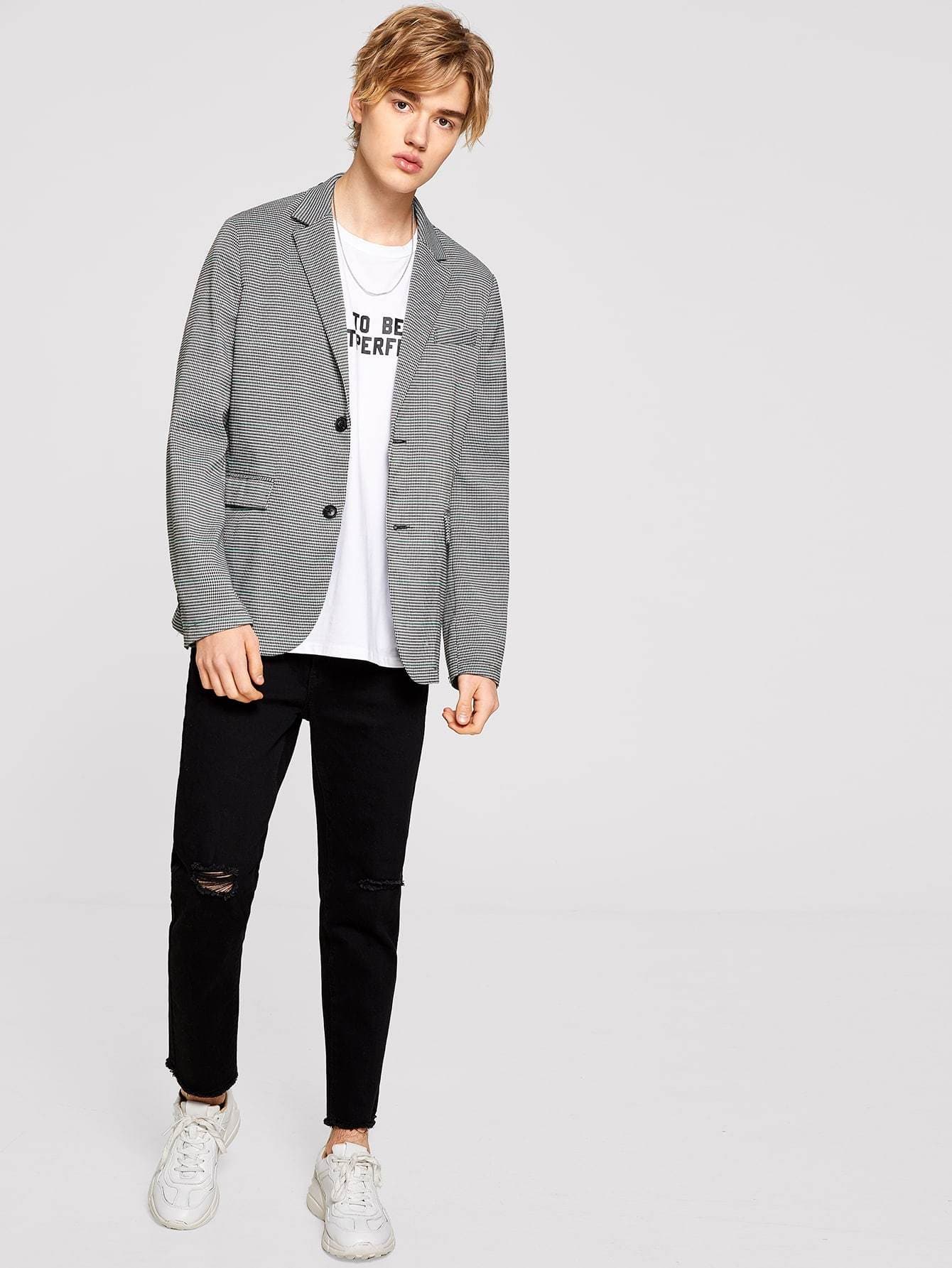 Black and White Single Breasted Notch Collar Houndstooth Blazer