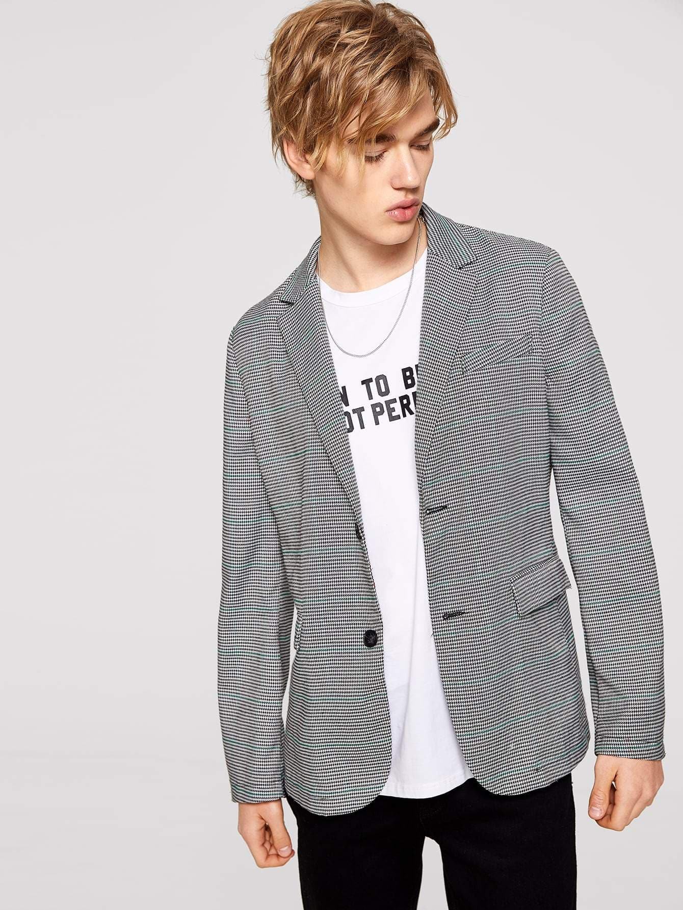 Black and White Single Breasted Notch Collar Houndstooth Blazer