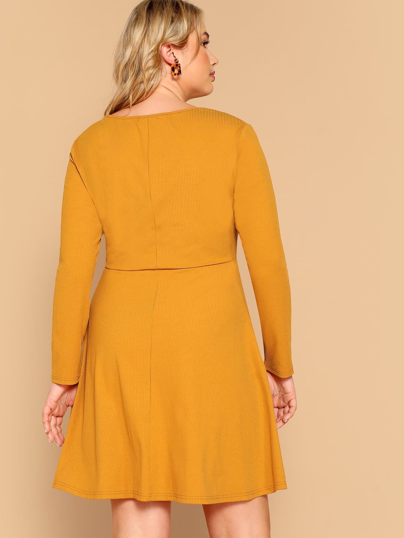 Ginger V Neck Plus Buttoned Rib-knit Fit & Flare Dress