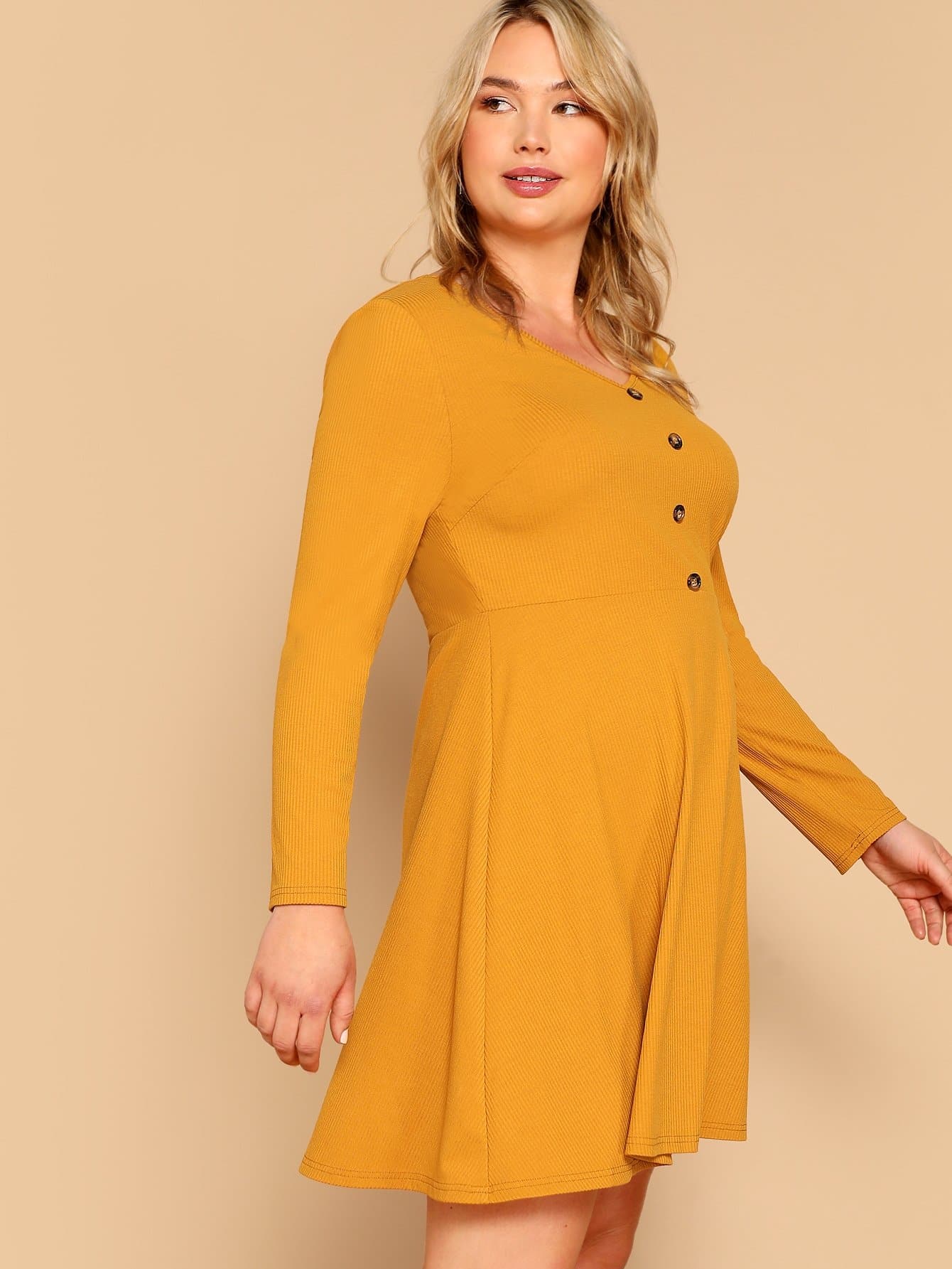 Ginger V Neck Plus Buttoned Rib-knit Fit & Flare Dress