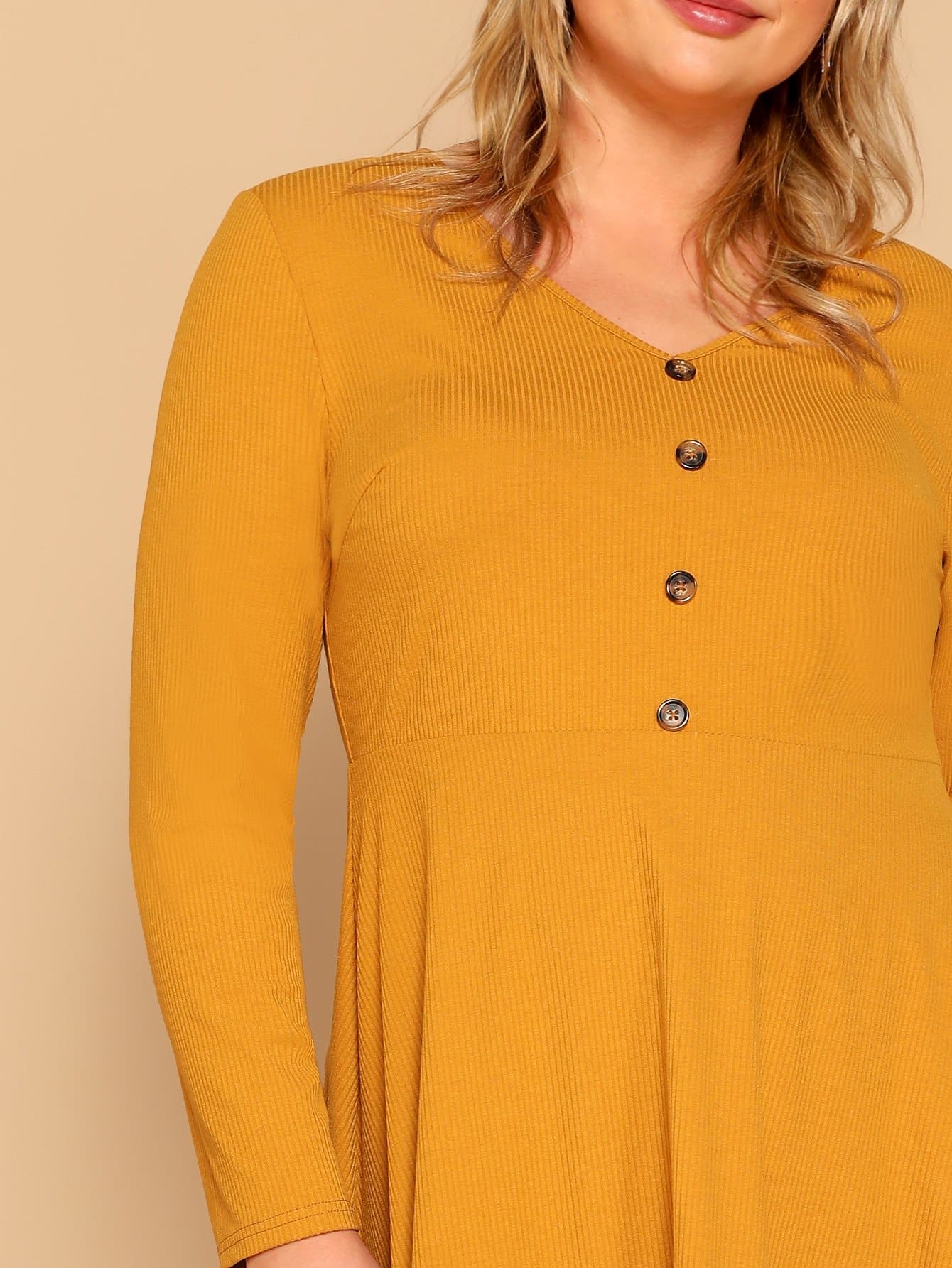 Ginger V Neck Plus Buttoned Rib-knit Fit & Flare Dress