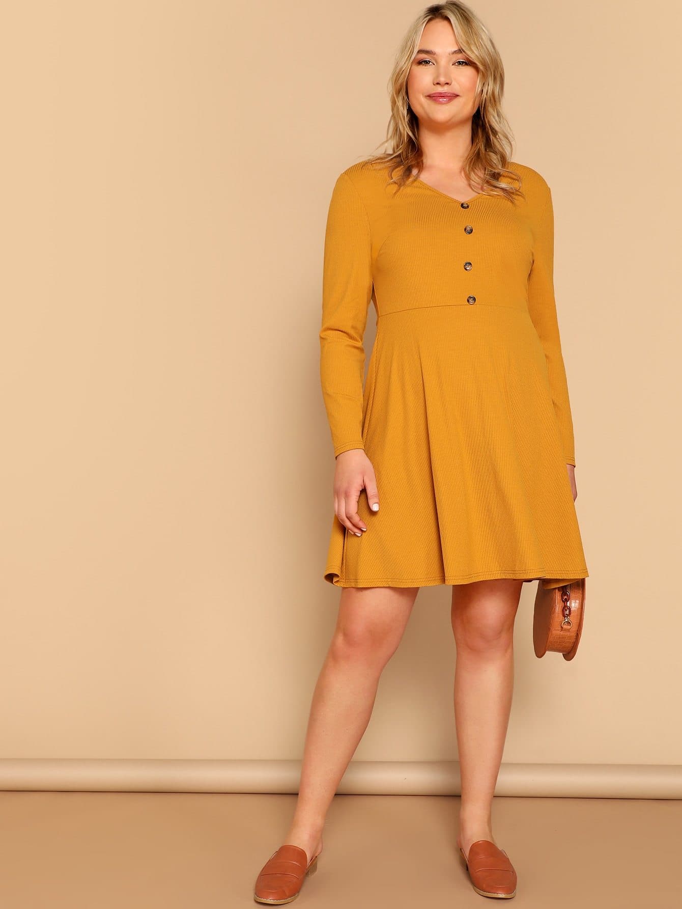 Ginger V Neck Plus Buttoned Rib-knit Fit & Flare Dress