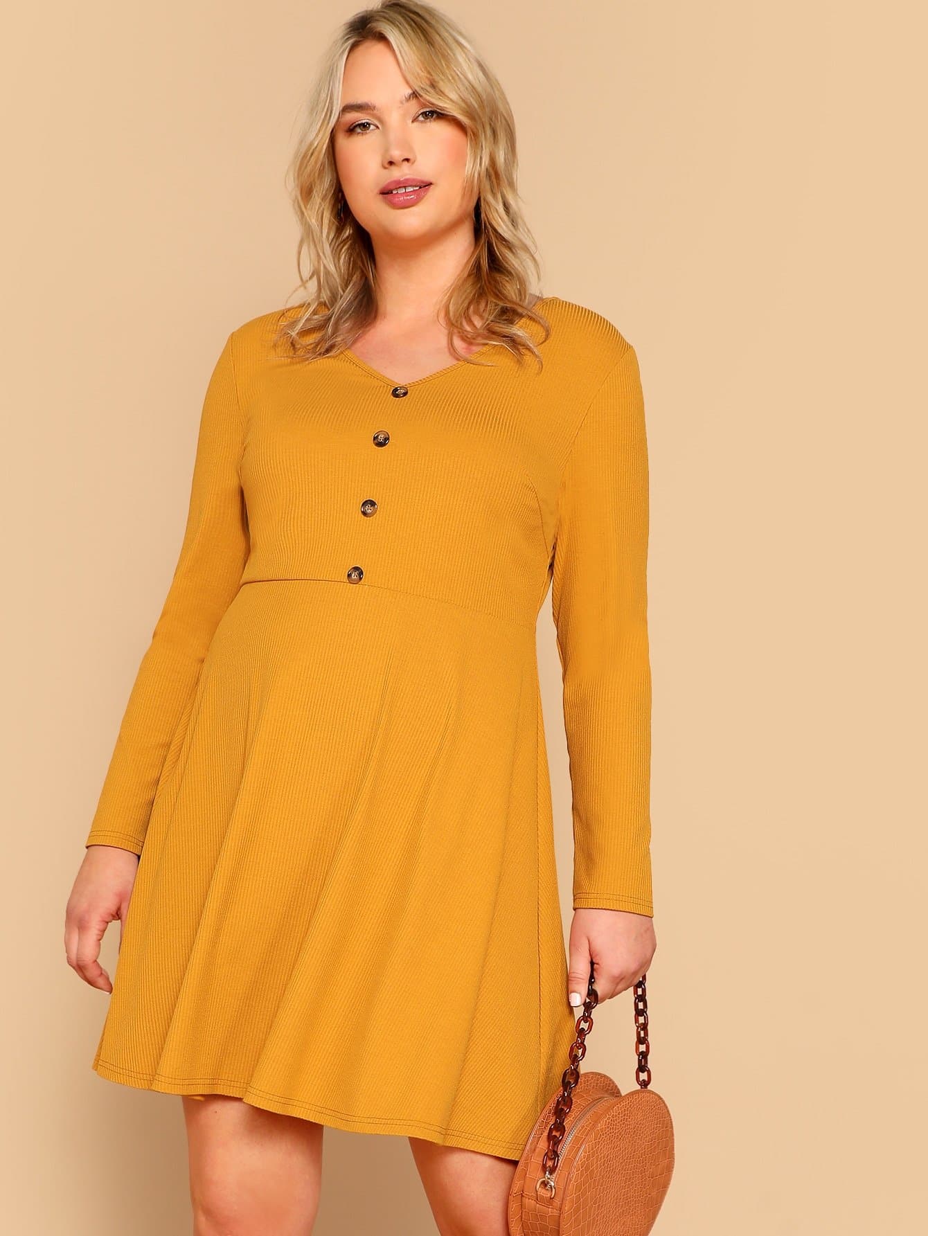 Ginger V Neck Plus Buttoned Rib-knit Fit & Flare Dress