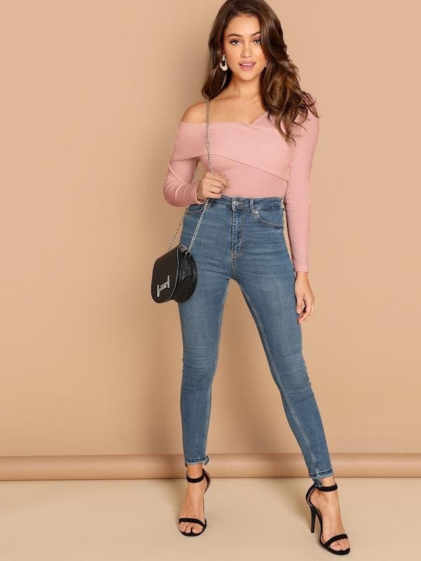 Slim Fit Foldover Asymmetrical Neck Solid Tee Top