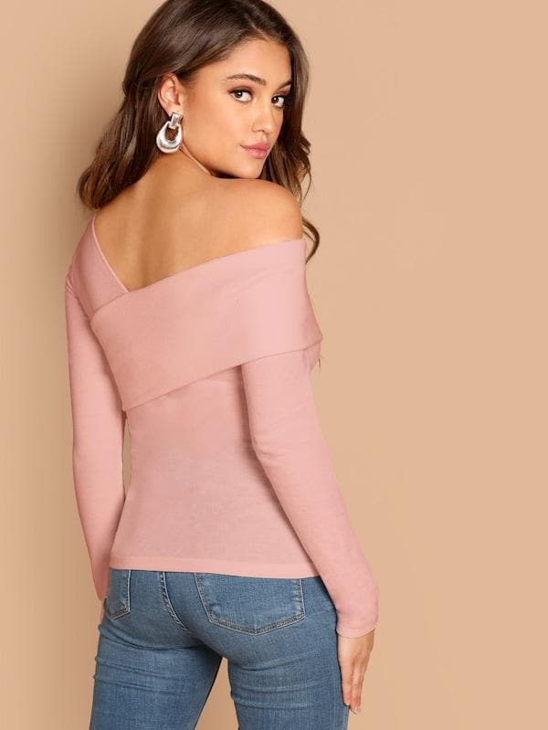 Slim Fit Foldover Asymmetrical Neck Solid Tee Top