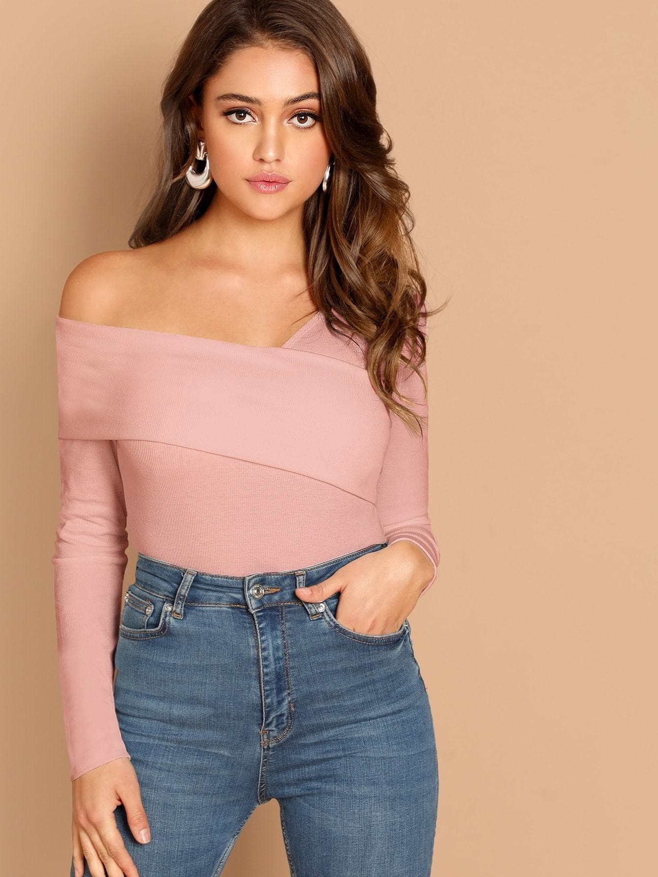 Slim Fit Foldover Asymmetrical Neck Solid Tee Top