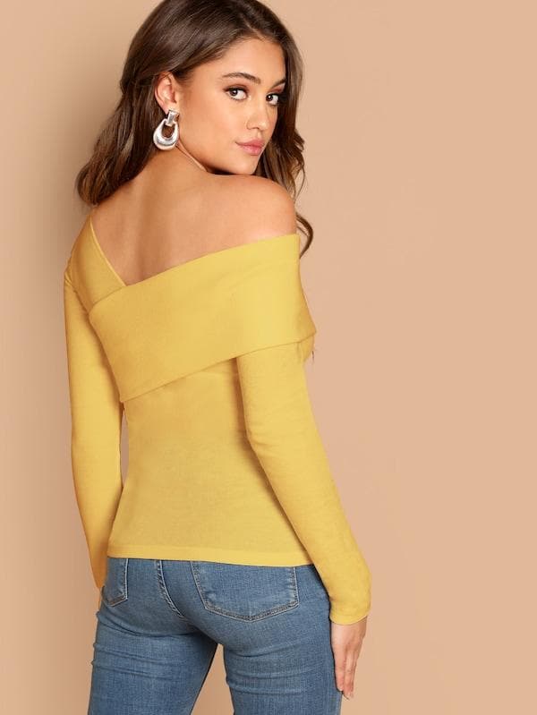 Slim Fit Foldover Asymmetrical Neck Solid Tee Top