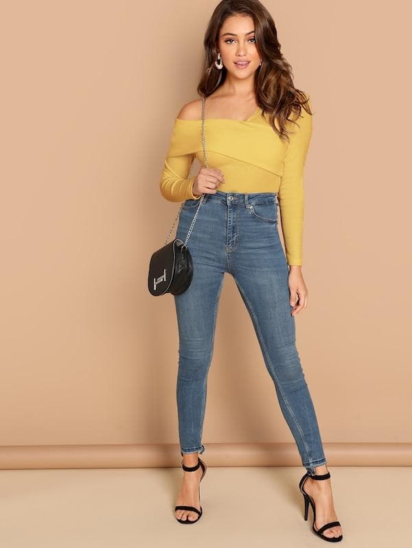Slim Fit Foldover Asymmetrical Neck Solid Tee Top