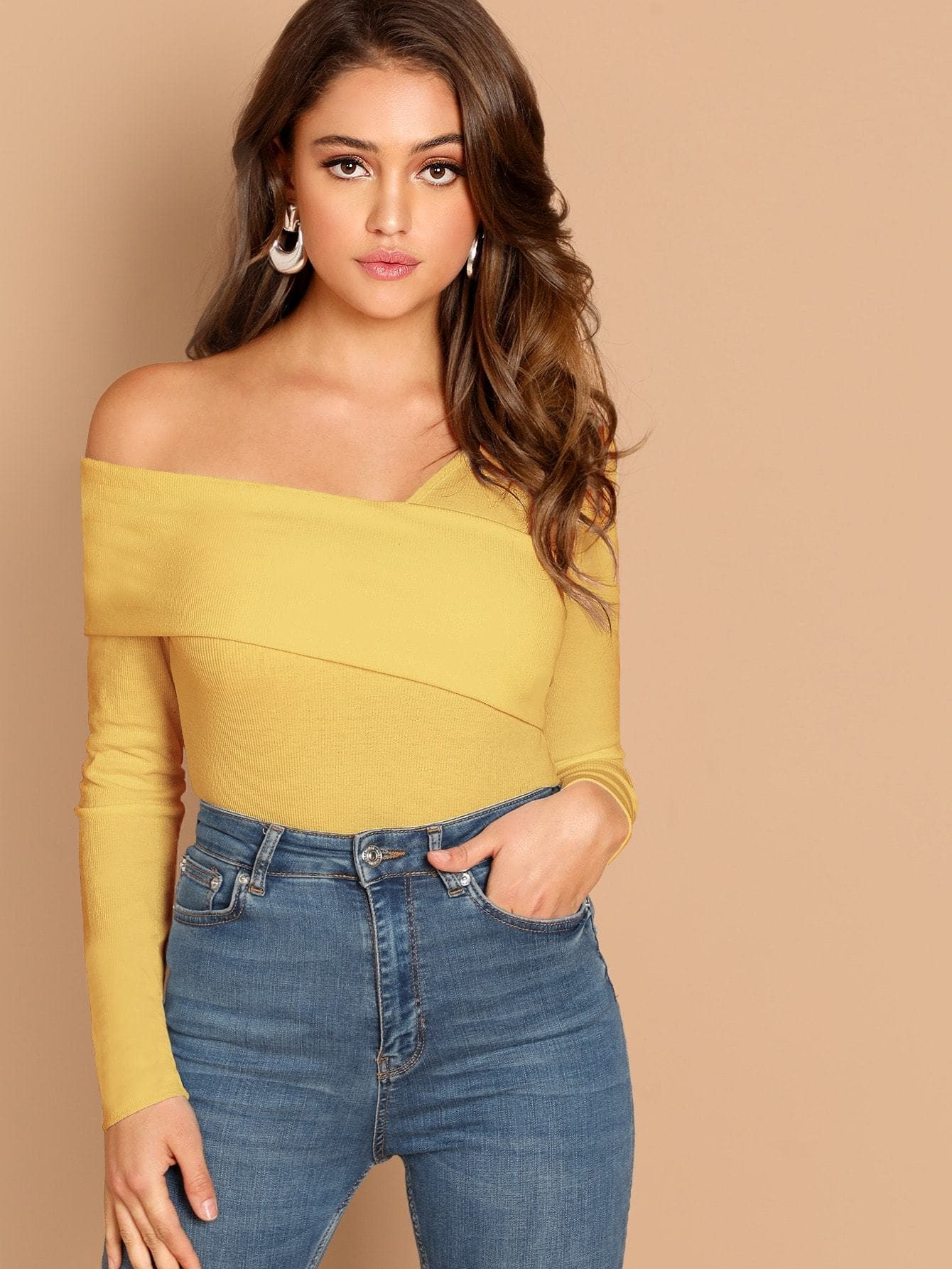 Slim Fit Foldover Asymmetrical Neck Solid Tee Top