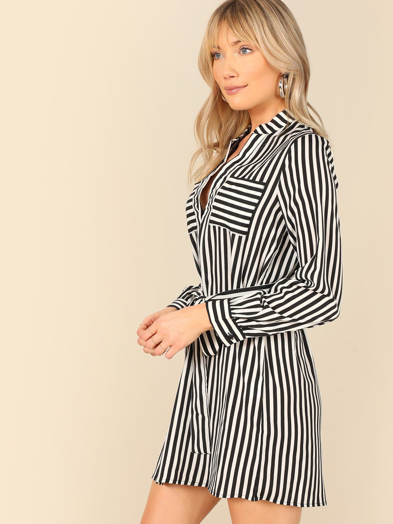 Black and White V Notch Neck Belted Striped Dress