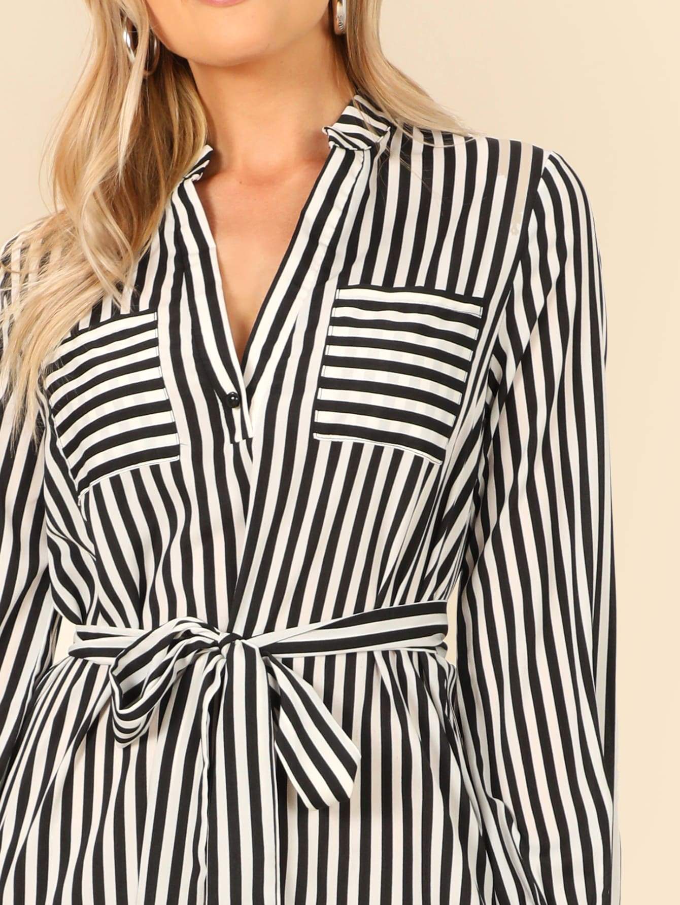 Black and White V Notch Neck Belted Striped Dress