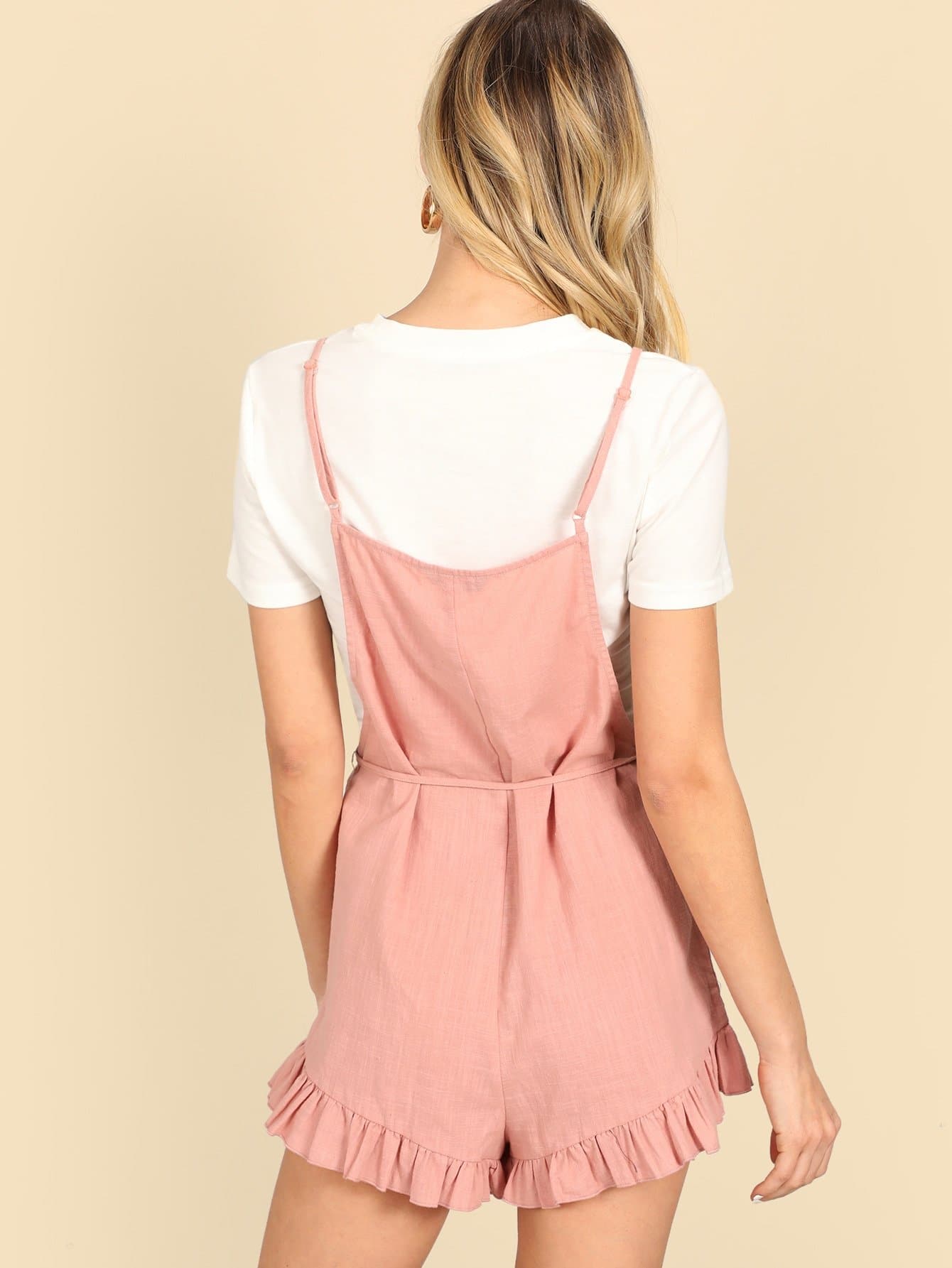 Pink Spaghetti Strap Sleeveless Ruffle Detail Belted Pinafore Jumpsuit