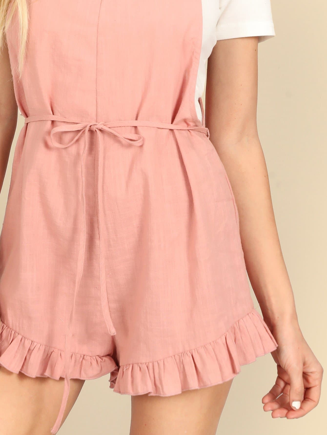 Pink Spaghetti Strap Sleeveless Ruffle Detail Belted Pinafore Jumpsuit
