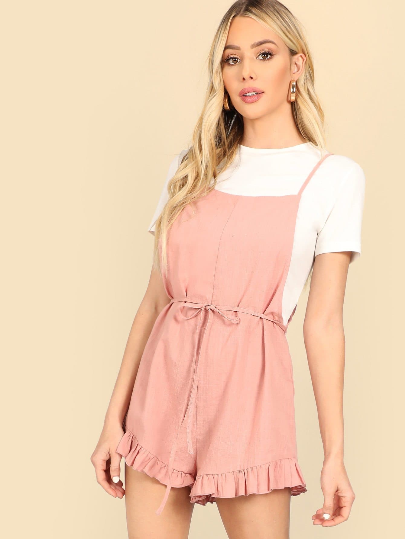 Pink Spaghetti Strap Sleeveless Ruffle Detail Belted Pinafore Jumpsuit