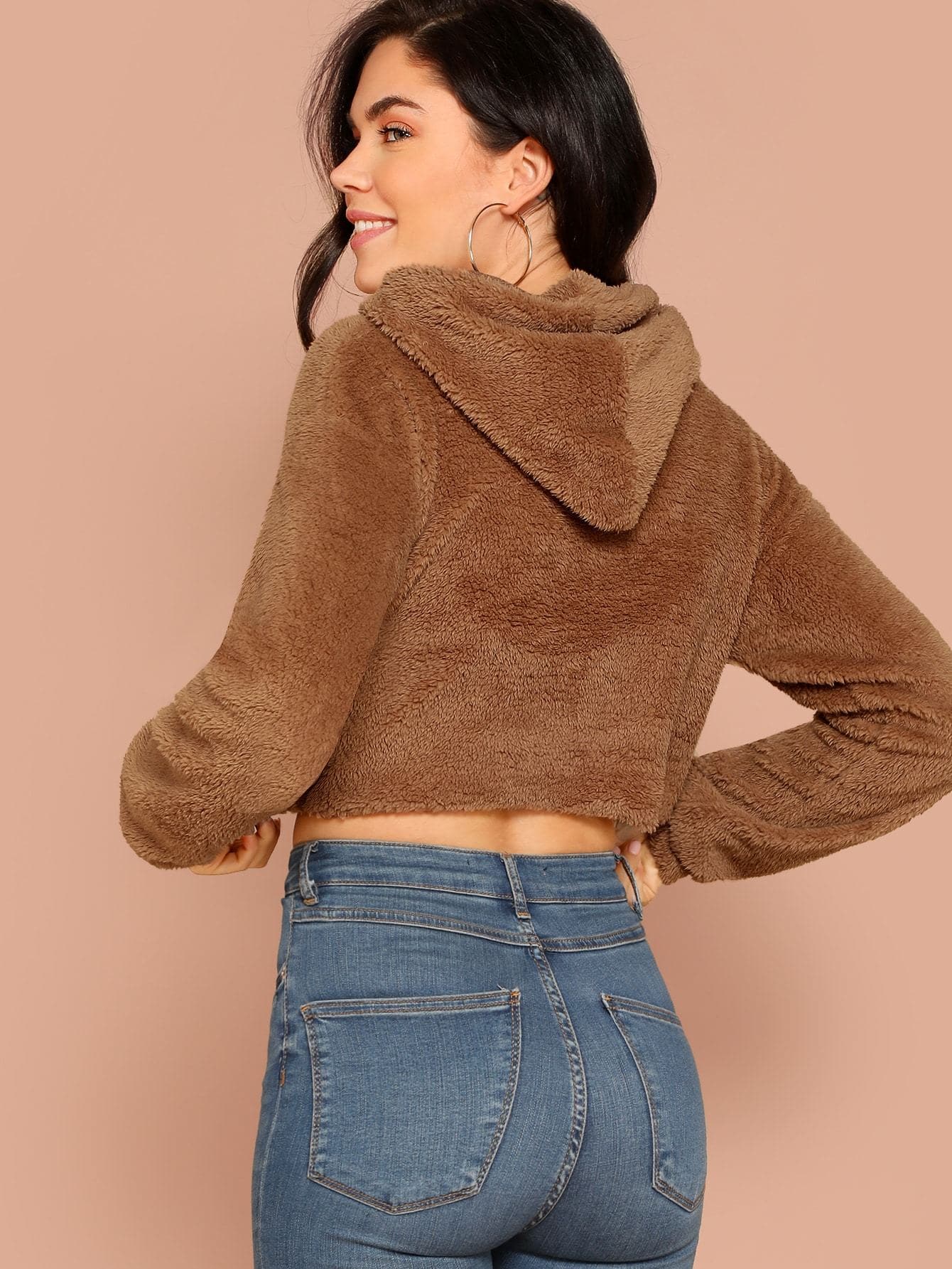 Brown Hooded Drop Shoulder Crop Teddy Hoodie