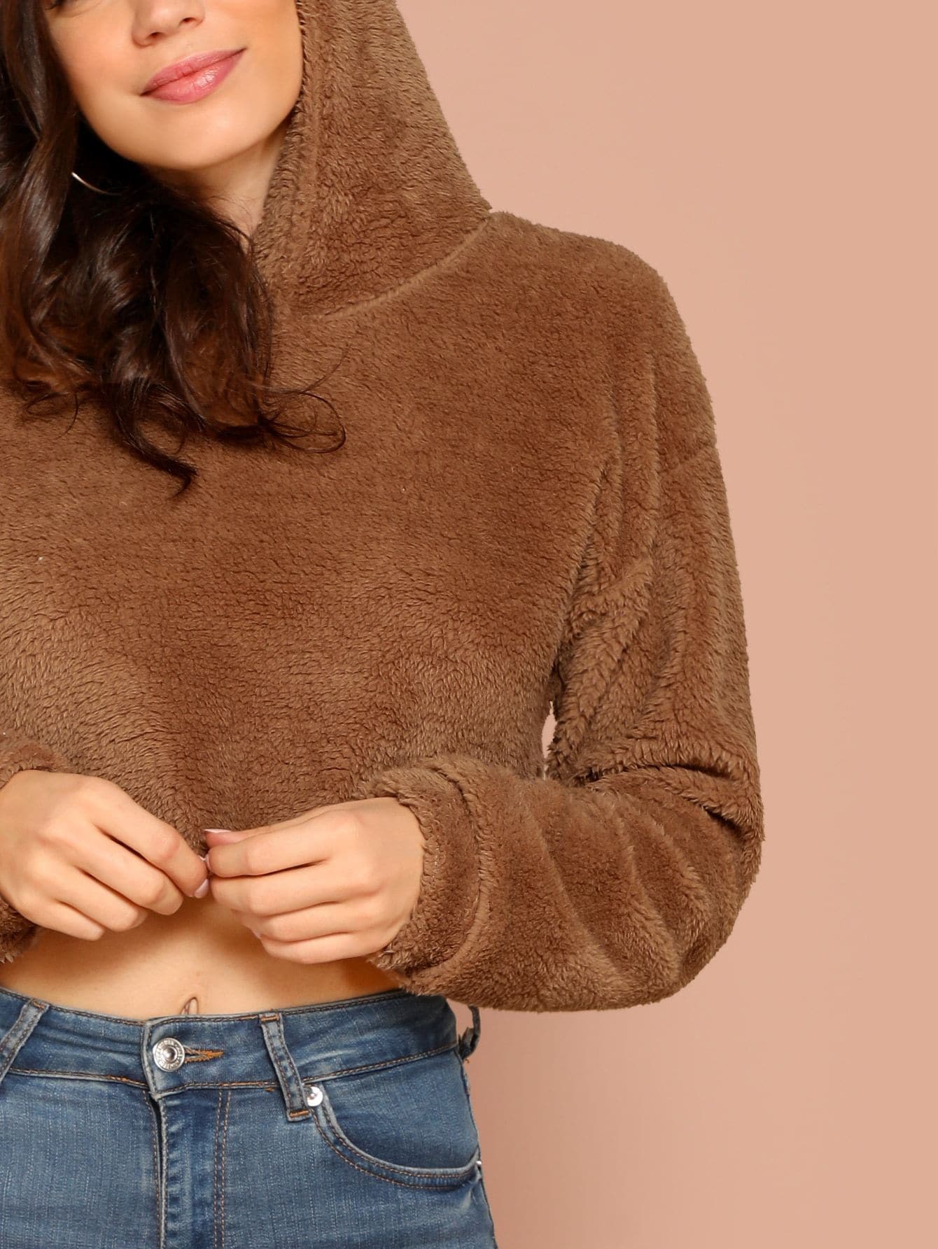 Brown Hooded Drop Shoulder Crop Teddy Hoodie