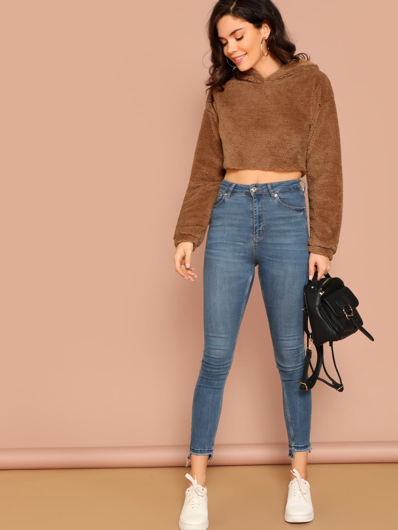 Brown Hooded Drop Shoulder Crop Teddy Hoodie