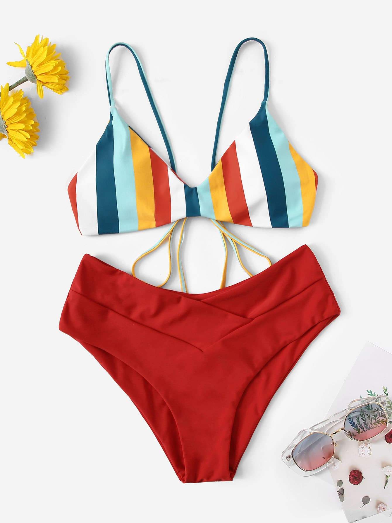 Spaghetti Strap Striped Print Top With Criss Cross Bikini Swimwear