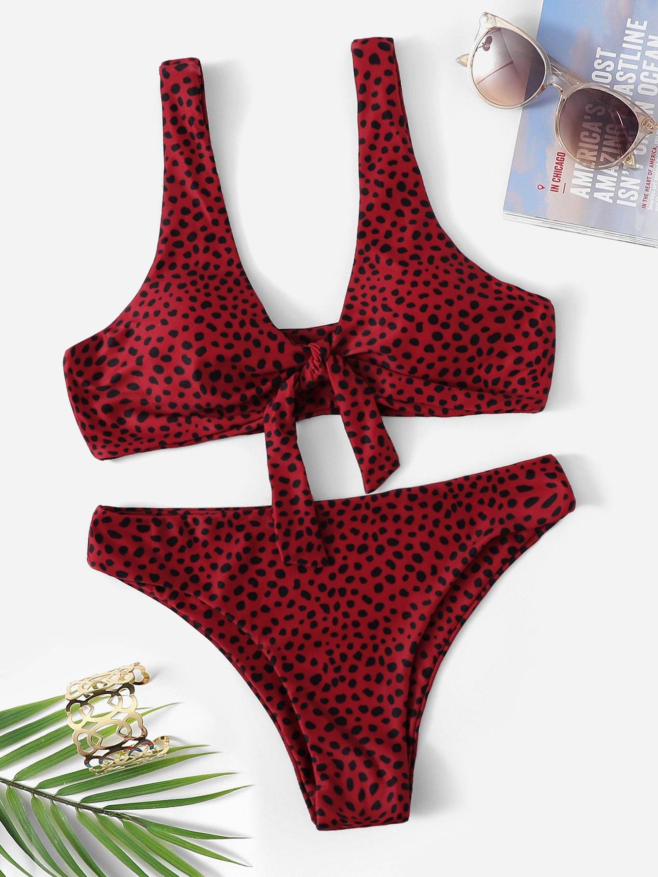 Plunge Neck Knot Front Dot Print Bikini Swimwear
