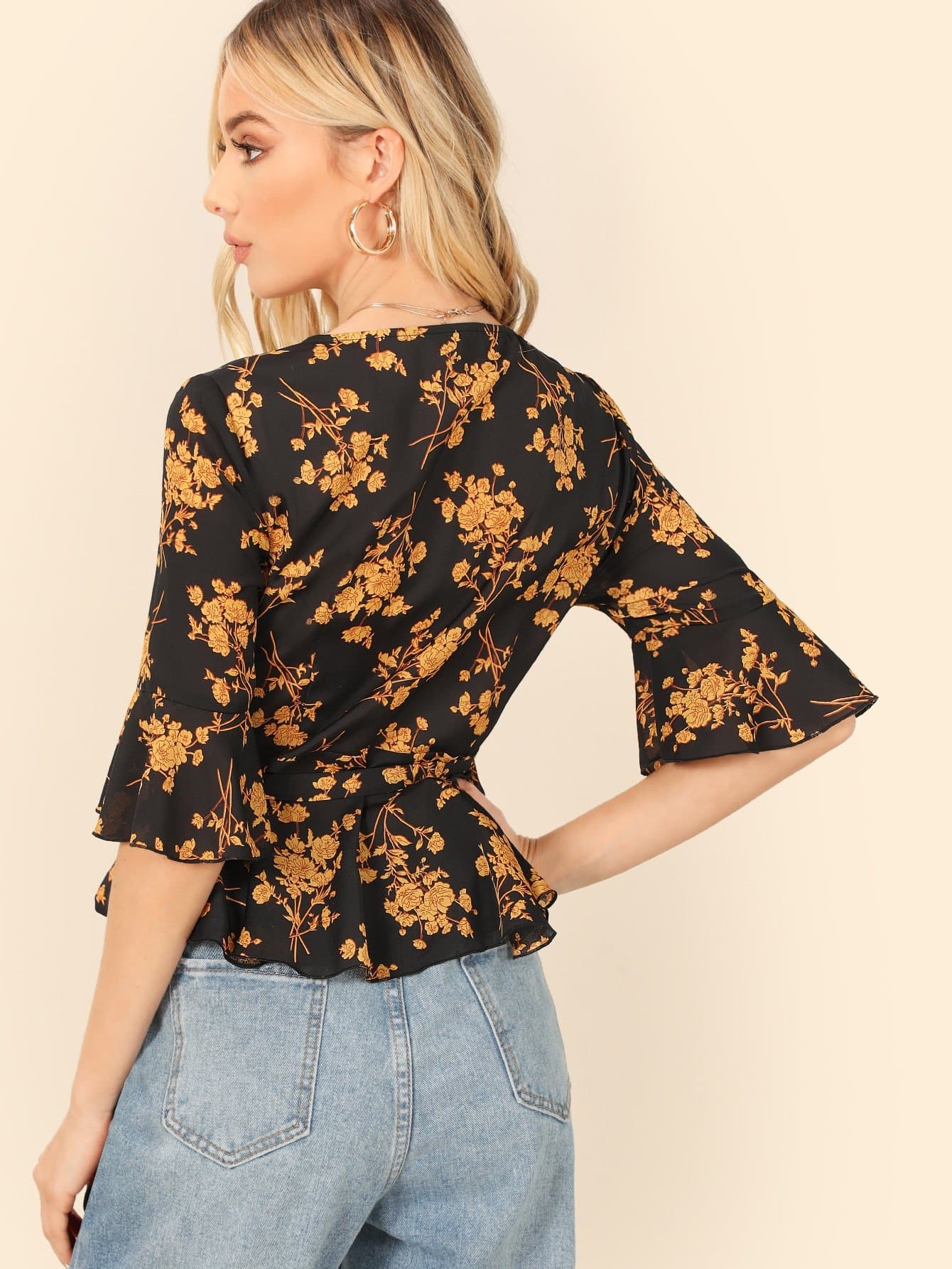 V Neck Flounce Sleeve Surplice Floral Blouse