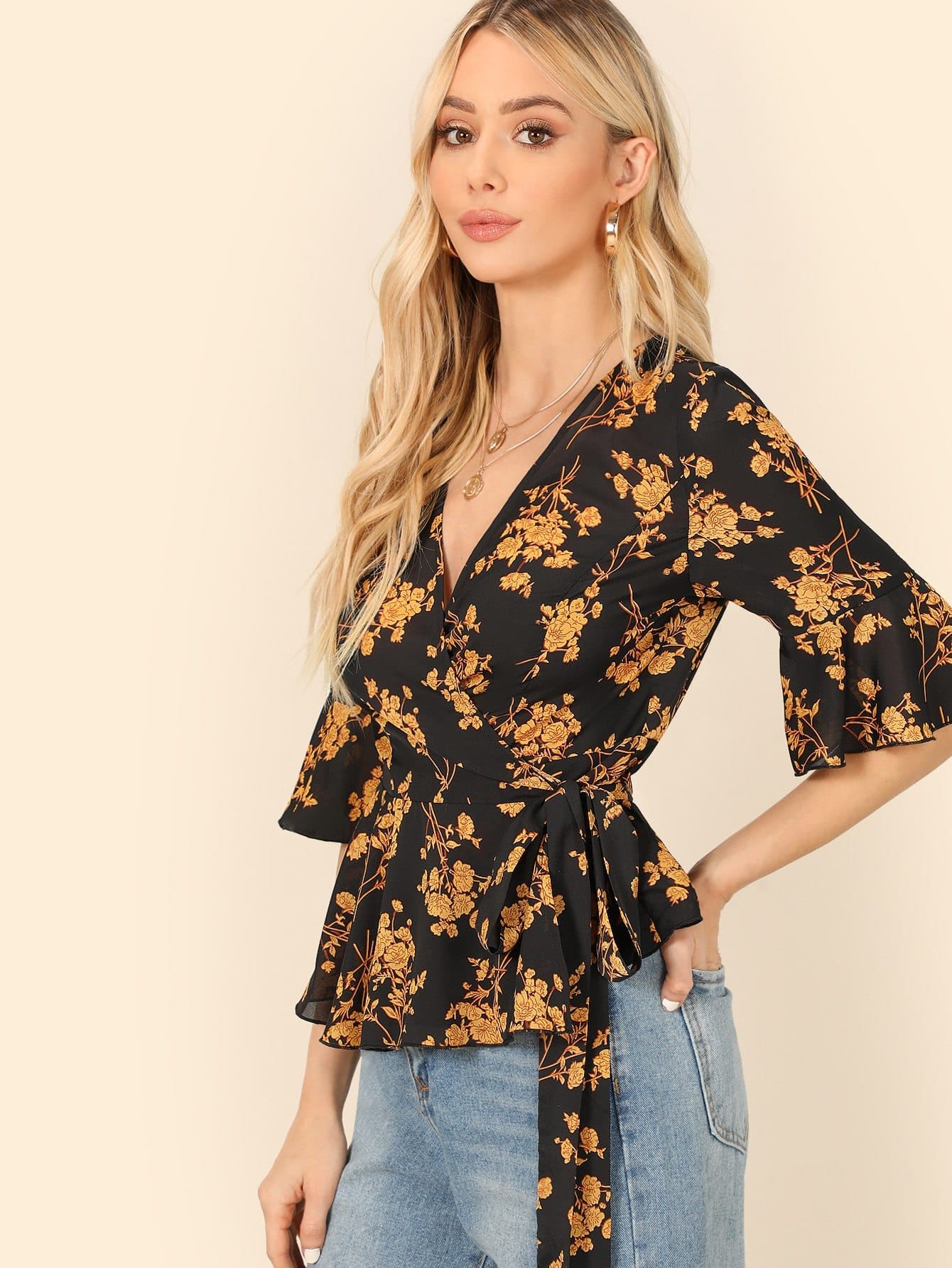 V Neck Flounce Sleeve Surplice Floral Blouse
