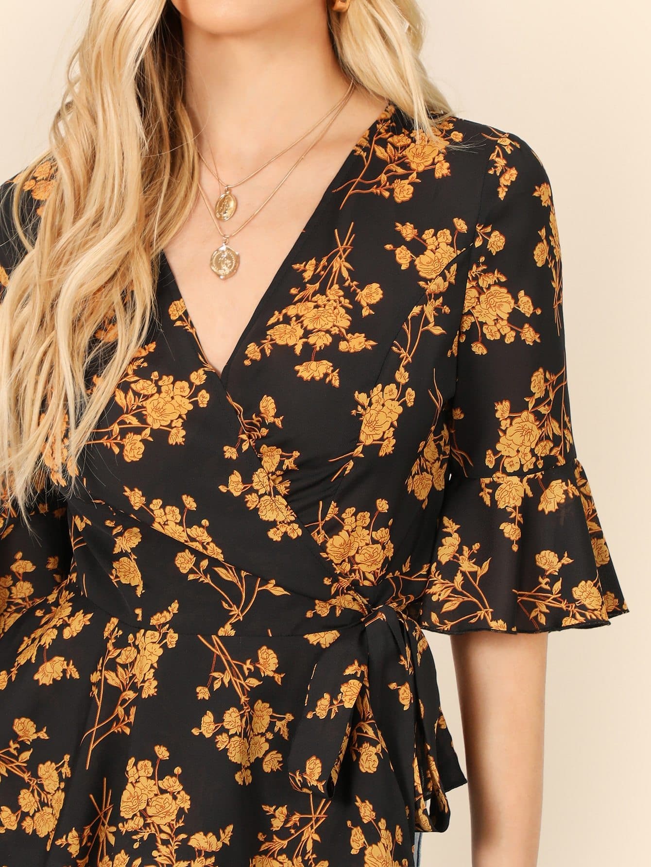 V Neck Flounce Sleeve Surplice Floral Blouse