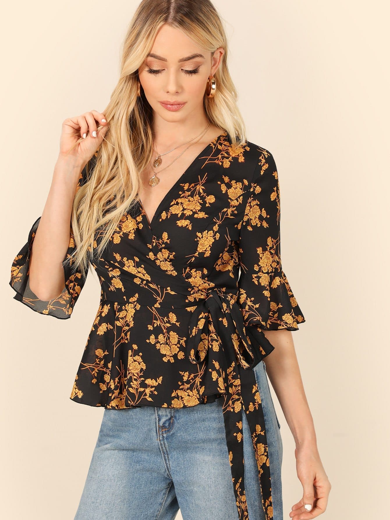 V Neck Flounce Sleeve Surplice Floral Blouse