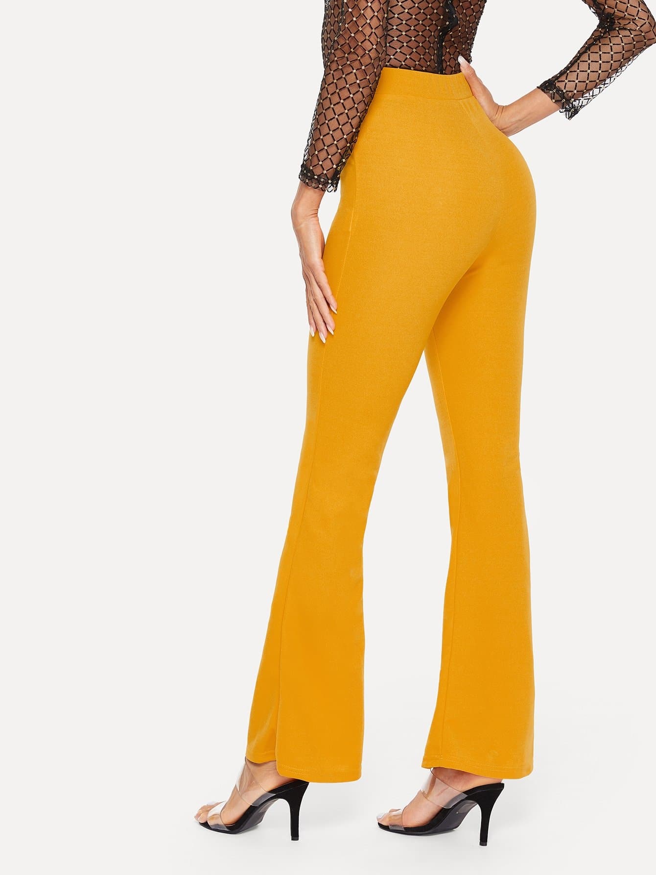 Polyester Elastic High Waist Solid Flare Leg Pants