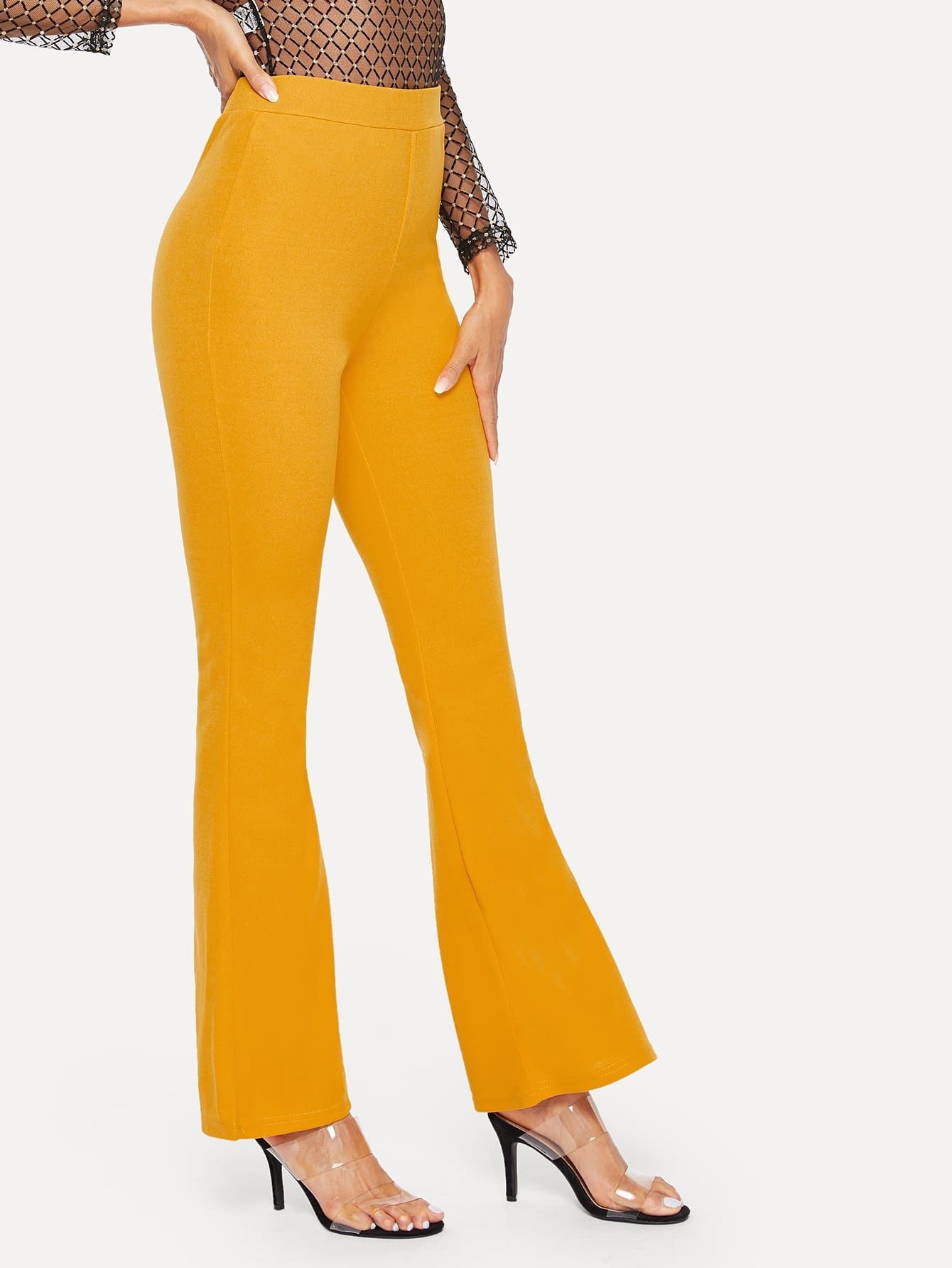 Polyester Elastic High Waist Solid Flare Leg Pants