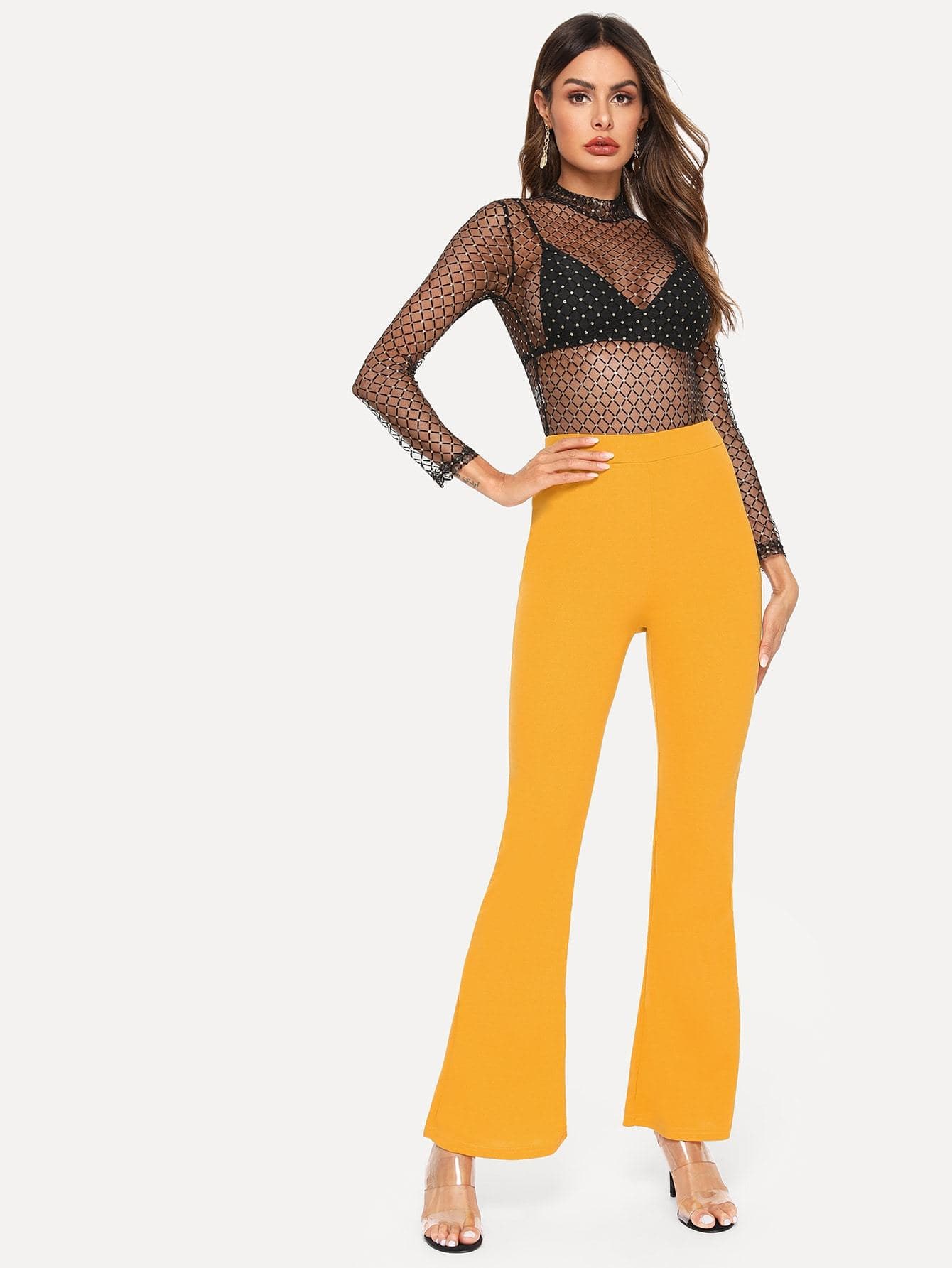 Polyester Elastic High Waist Solid Flare Leg Pants