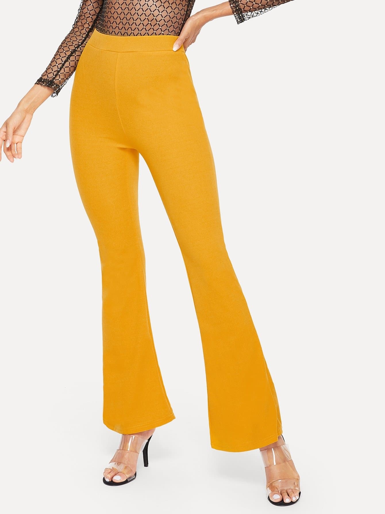 Polyester Elastic High Waist Solid Flare Leg Pants