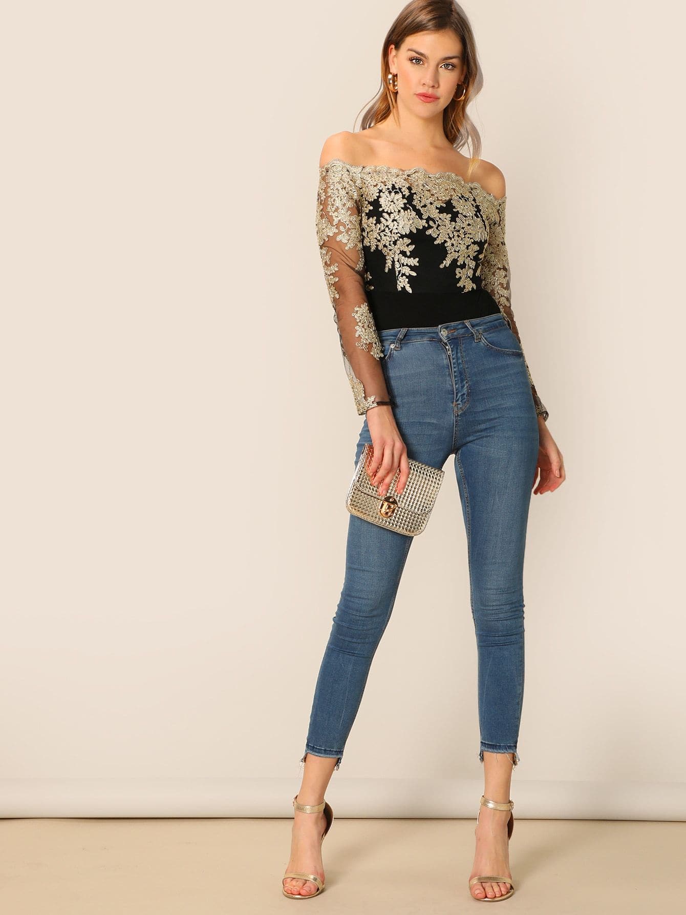 Black Long Sleeve Off Shoulder Contrast Lace Mesh Bodysuit Top