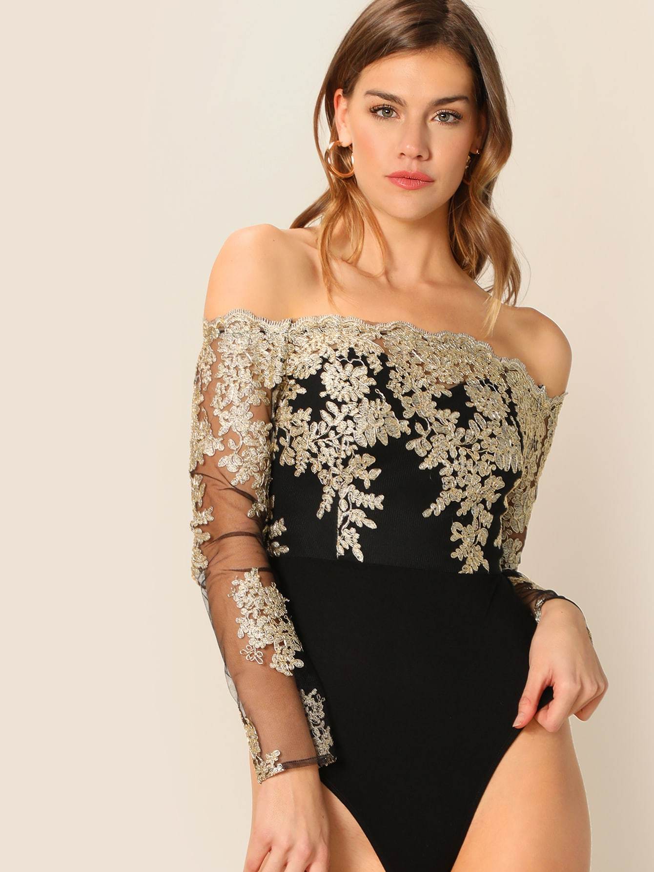 Black Long Sleeve Off Shoulder Contrast Lace Mesh Bodysuit Top