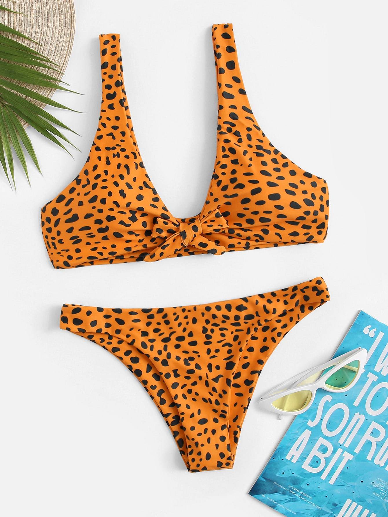 Plunge Neck Knot Front Dot Print Bikini Swimwear