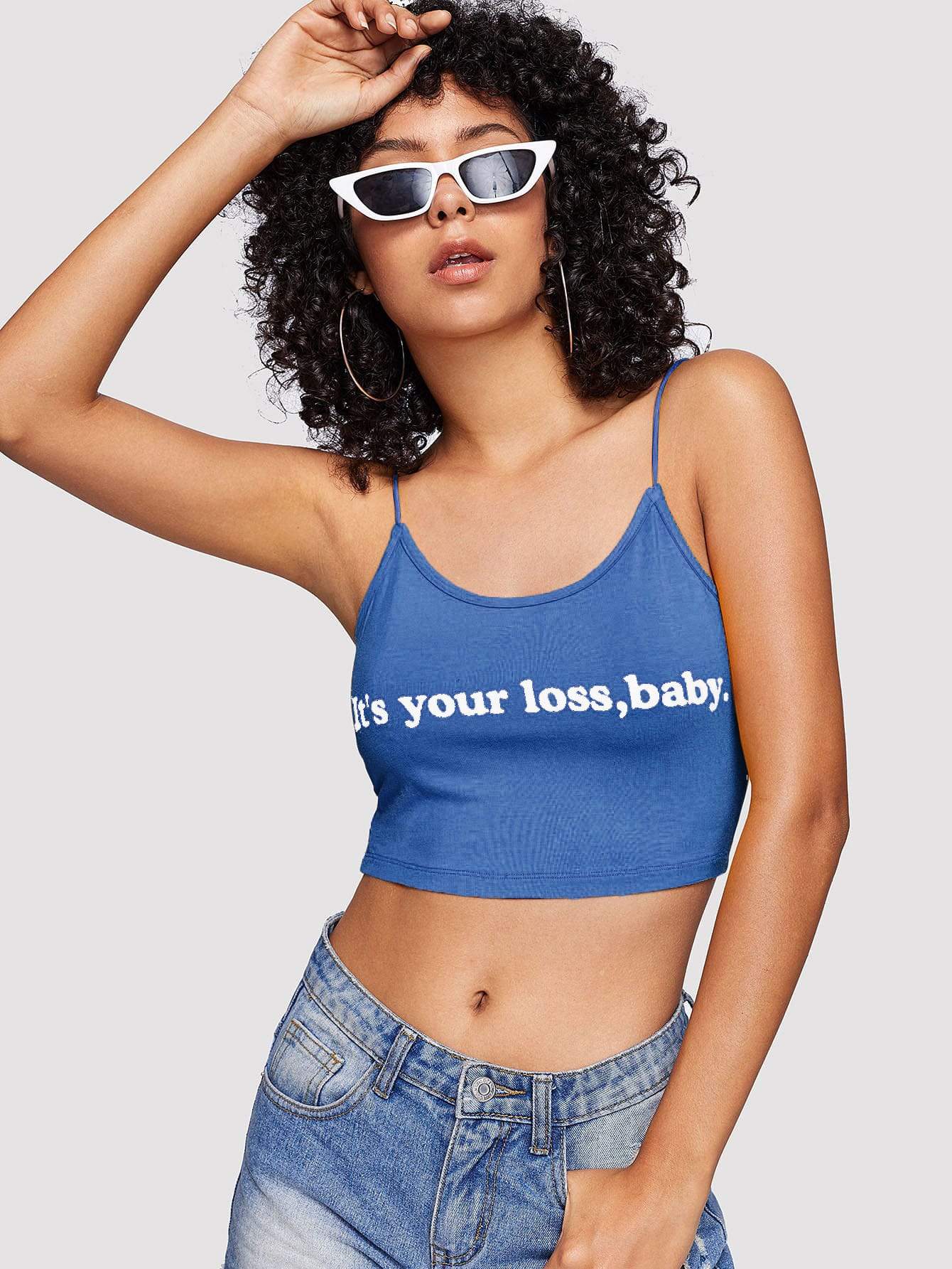 Spaghetti Strap Slogan Print Crop Cami Top