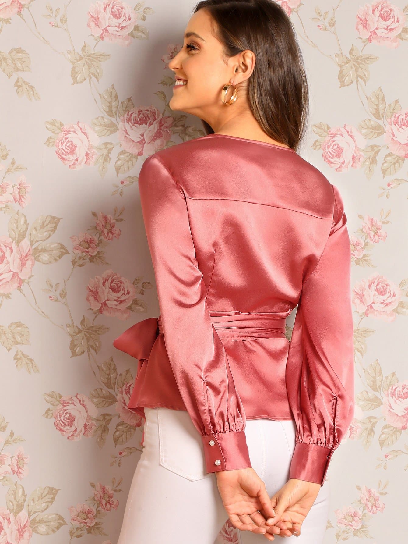 Pink V Neck Long Bishop Sleeve Surplice Wrap Satin Top