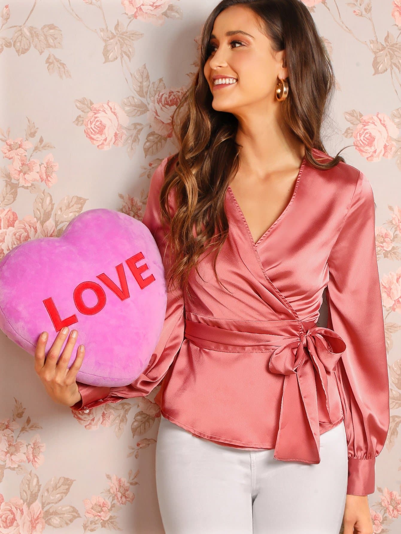 Pink V Neck Long Bishop Sleeve Surplice Wrap Satin Top