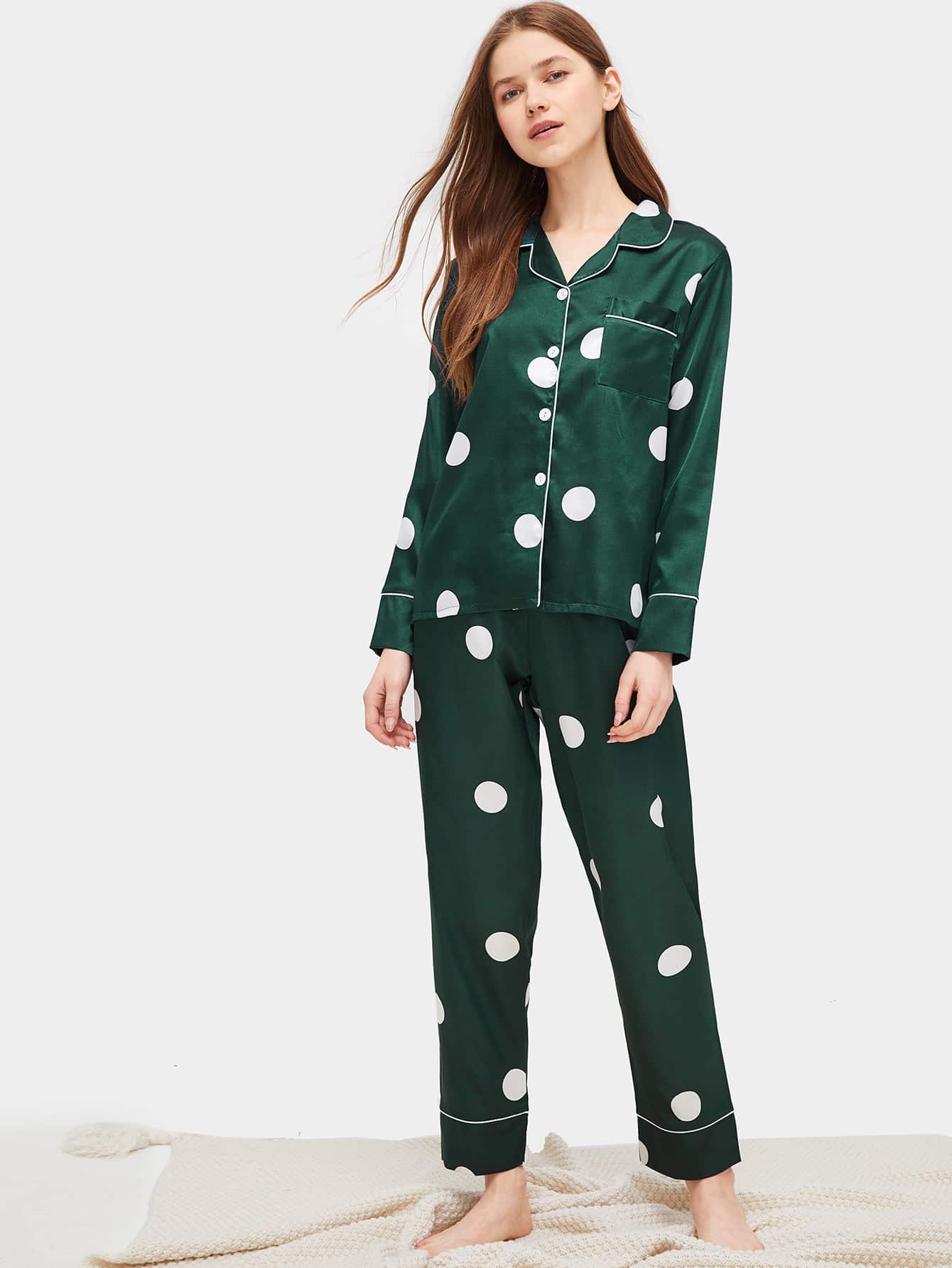 Green Polka Dot Satin Pajama Sleepwear Set