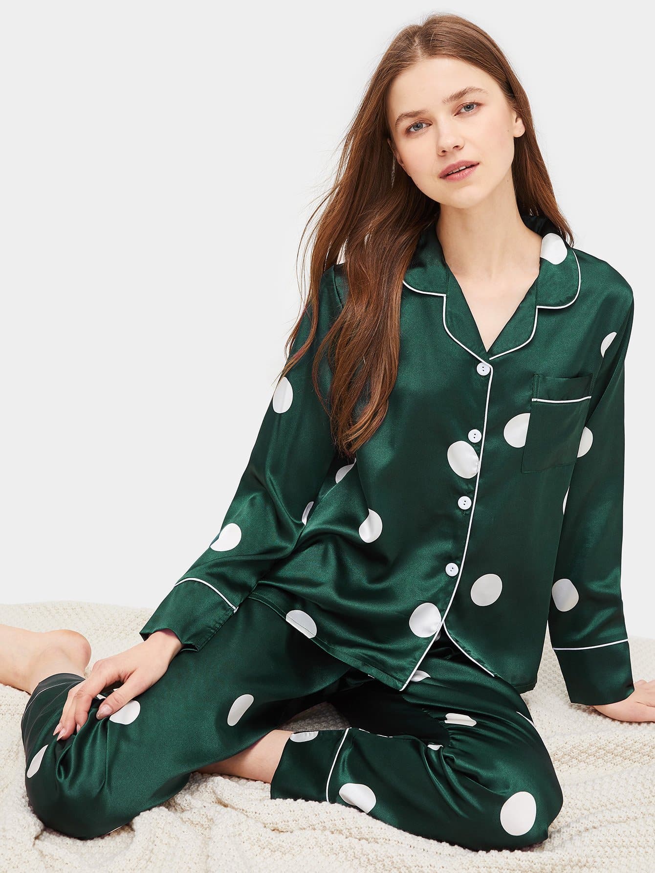 Green Polka Dot Satin Pajama Sleepwear Set