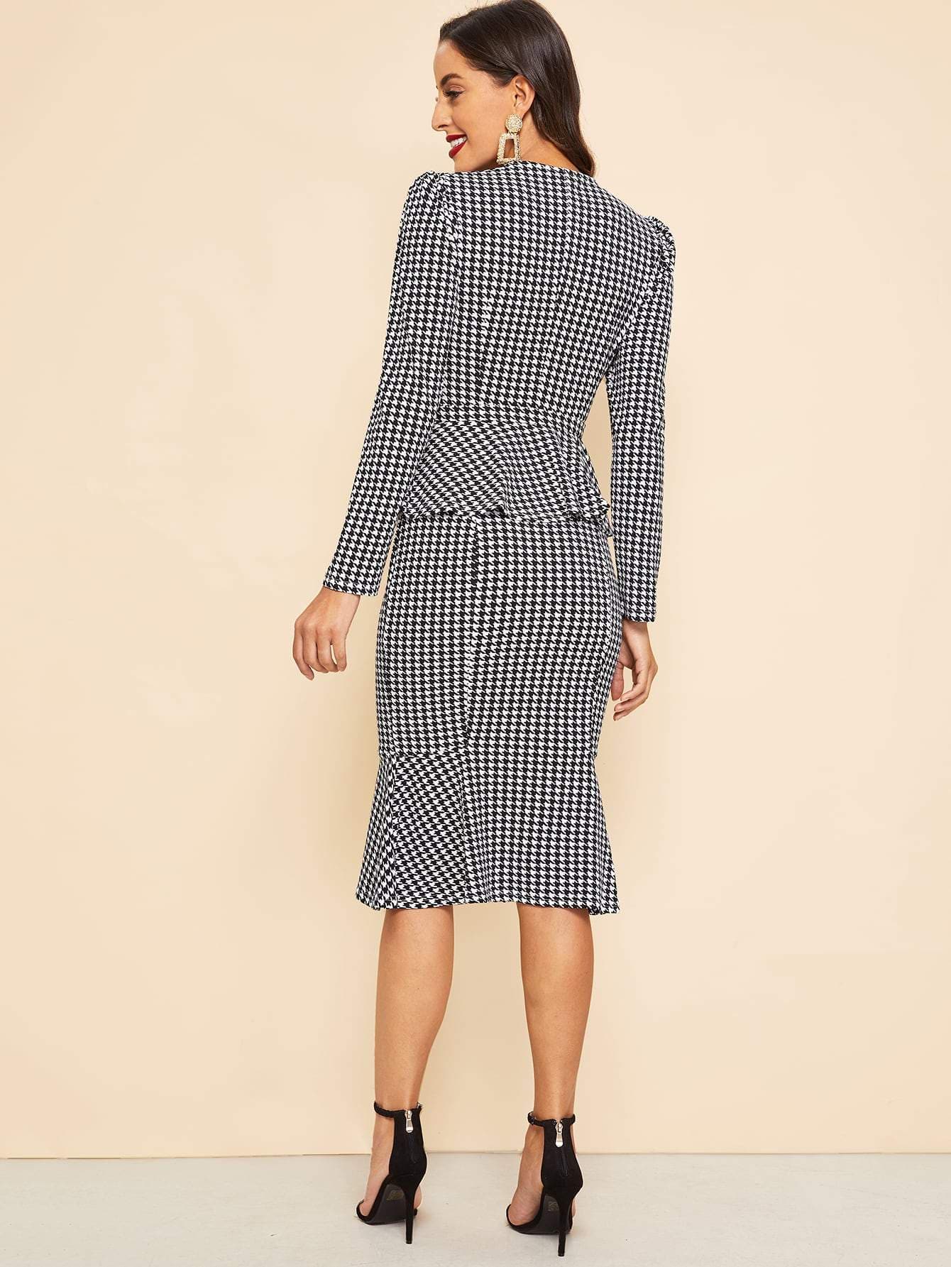 Black and White 30s Waist Belted Houndstooth Peplum Coat & Skirt Set