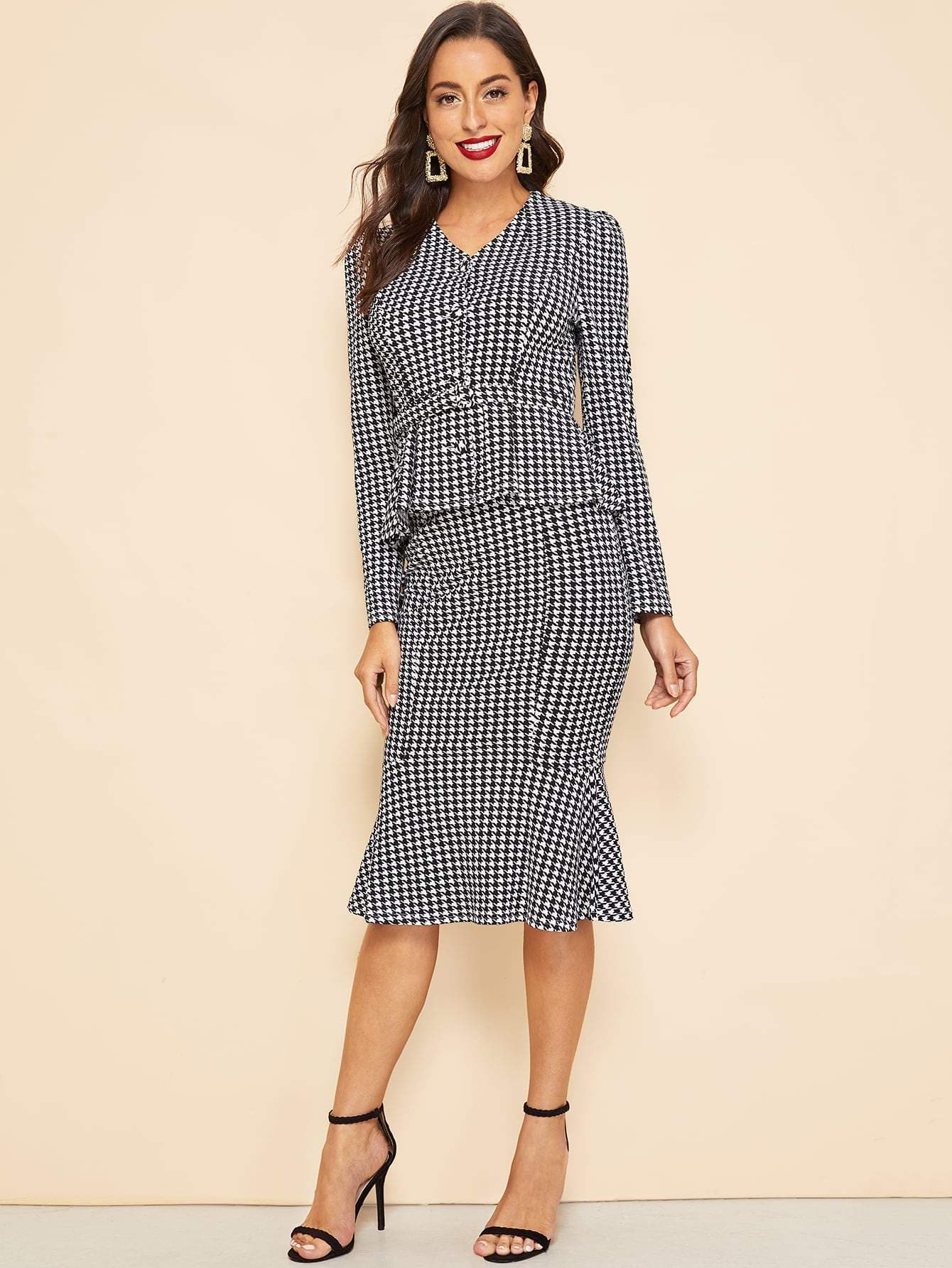 Black and White 30s Waist Belted Houndstooth Peplum Coat & Skirt Set