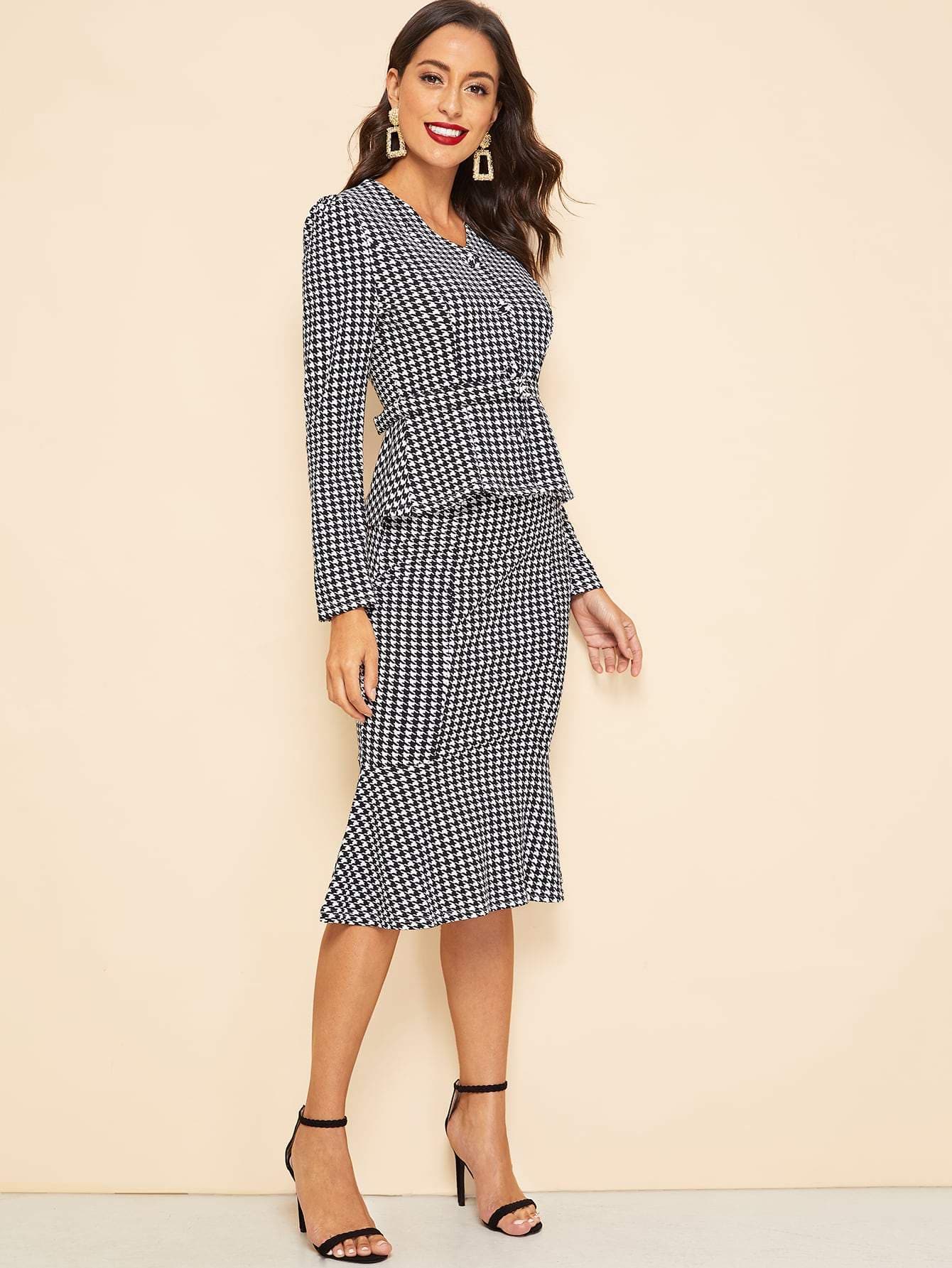 Black and White 30s Waist Belted Houndstooth Peplum Coat & Skirt Set