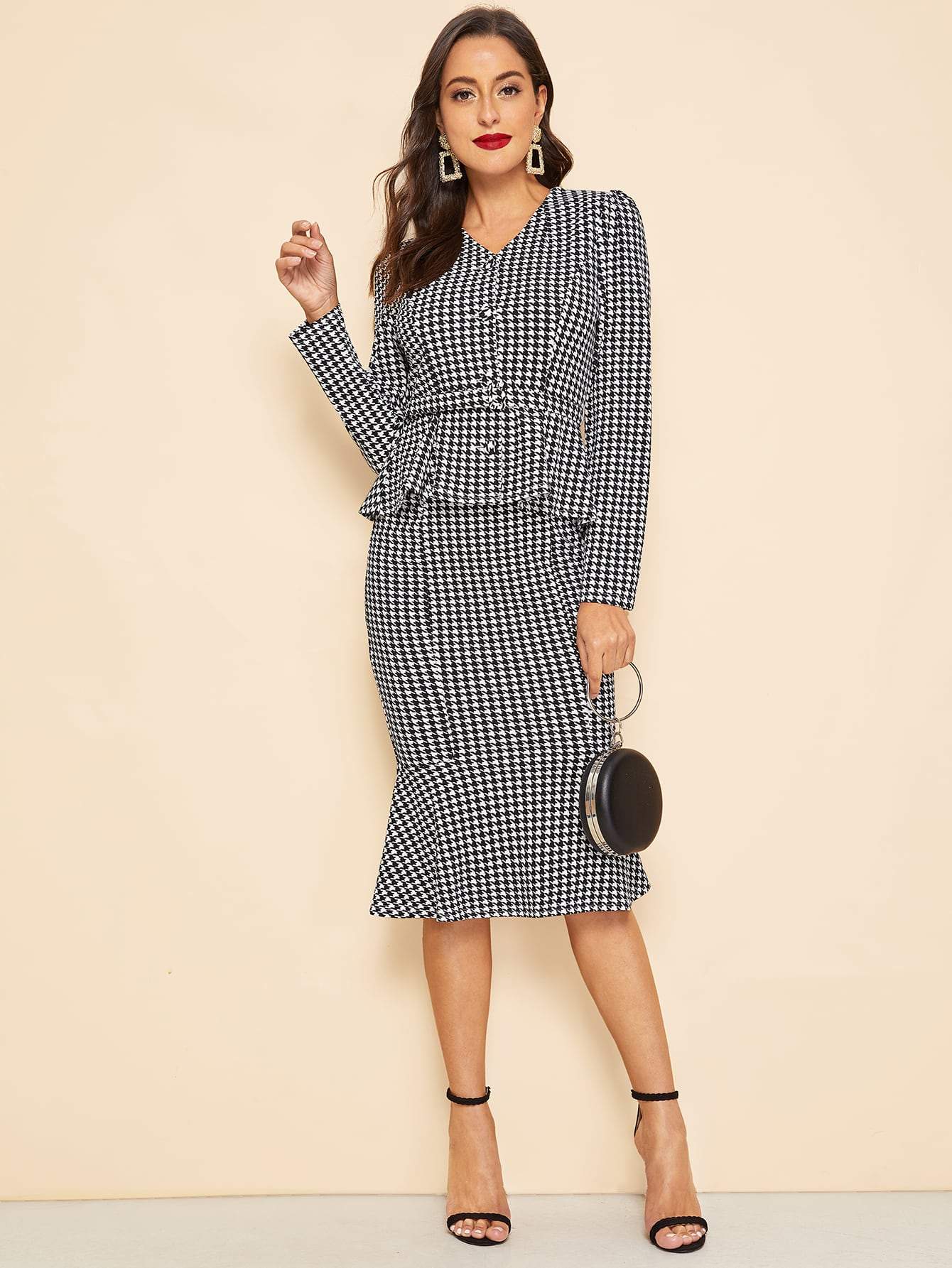 Black and White 30s Waist Belted Houndstooth Peplum Coat & Skirt Set