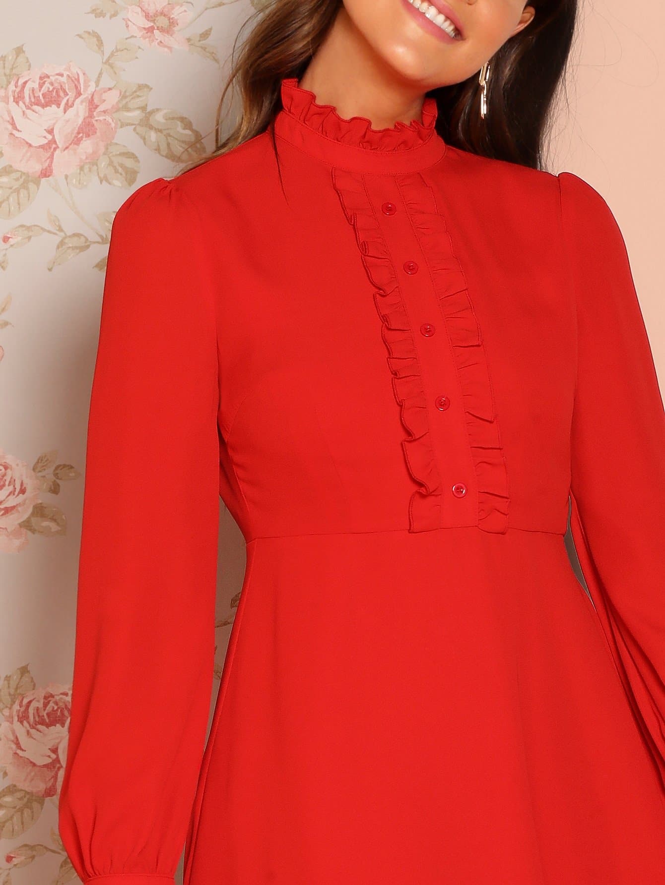 Red Stand Collar Mock Neck Frill Trim Fit & Flare Dress