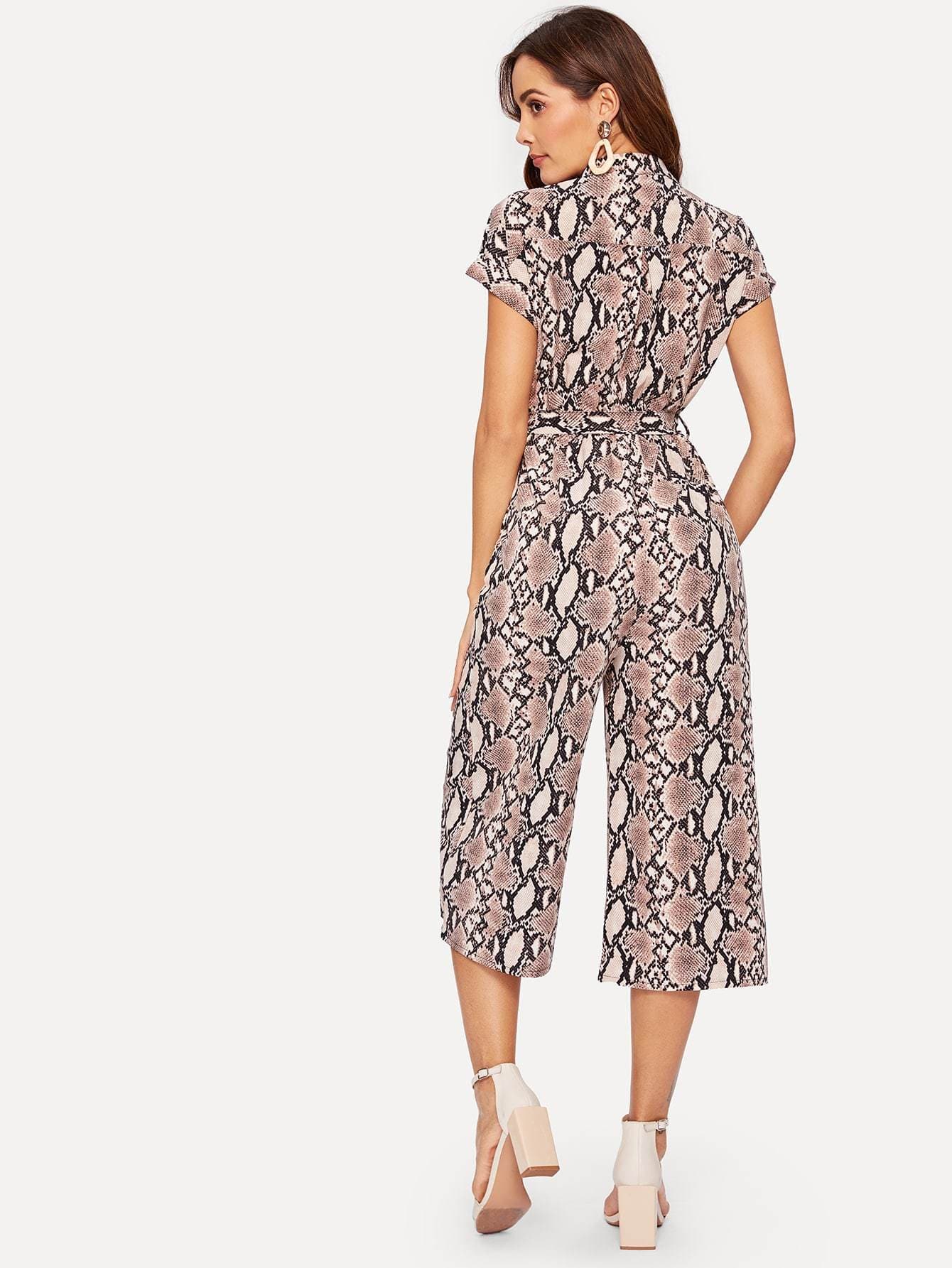 Polyester Notched Neckline Short Sleeve Self Tie Snakeskin Print Jumpsuit