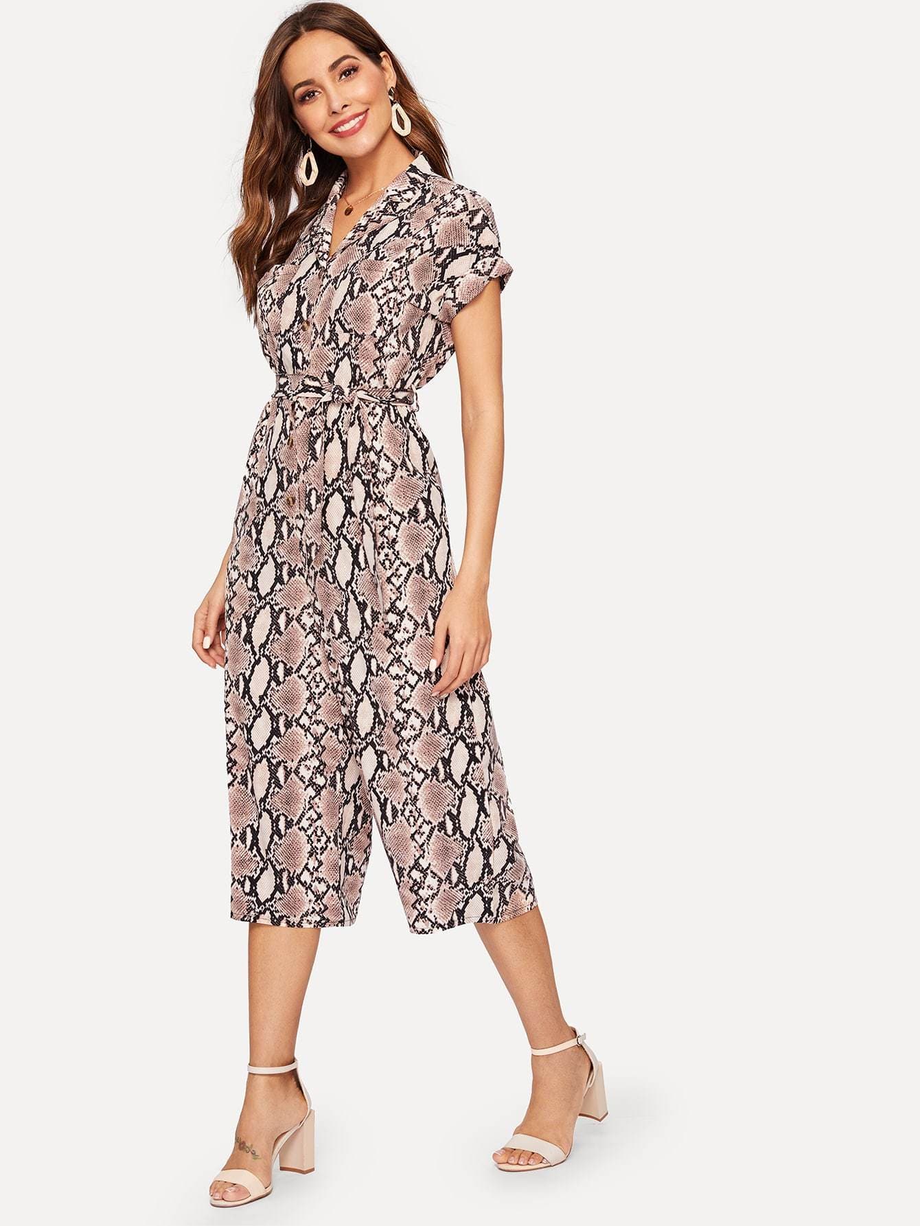 Polyester Notched Neckline Short Sleeve Self Tie Snakeskin Print Jumpsuit