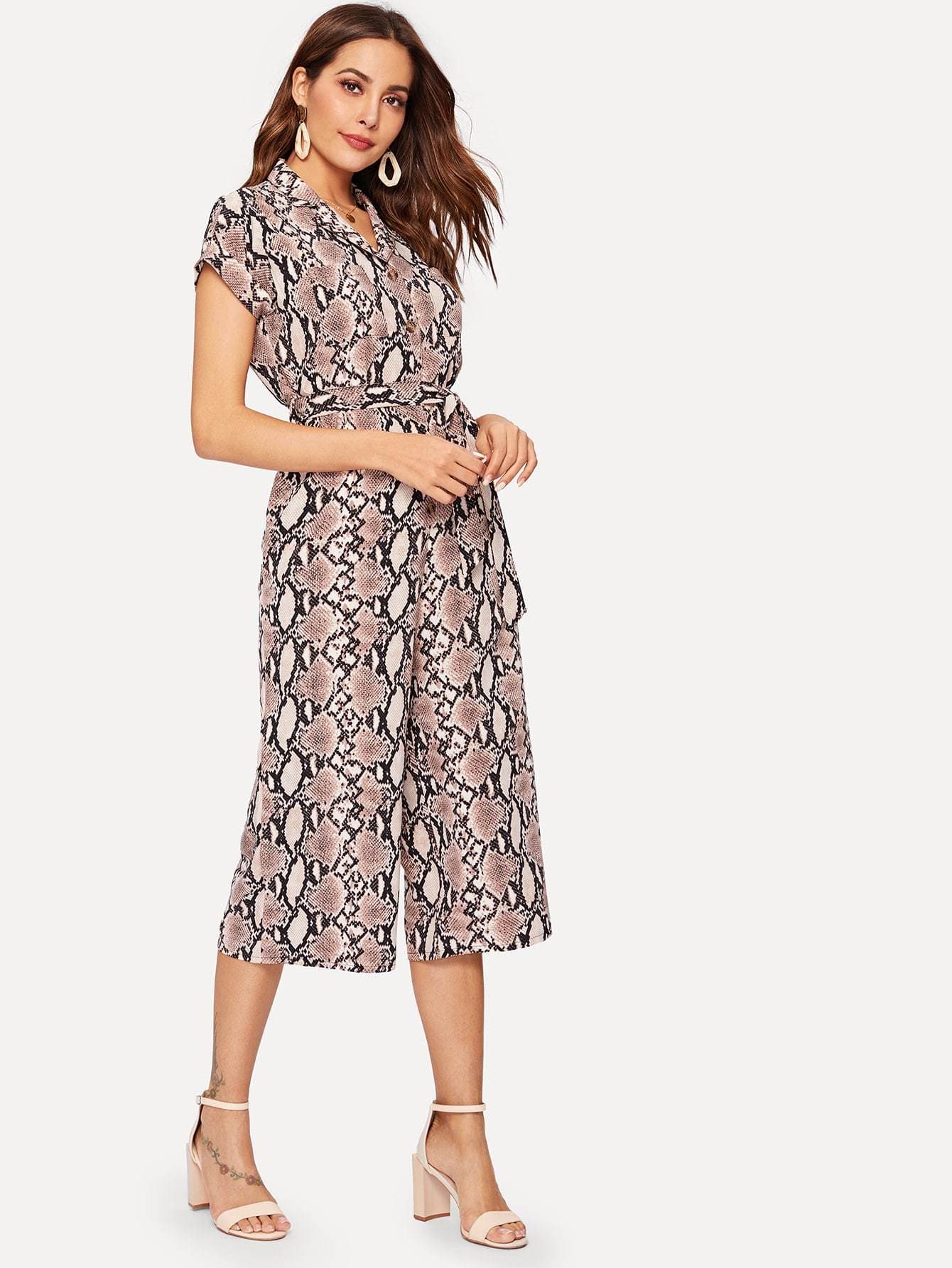 Polyester Notched Neckline Short Sleeve Self Tie Snakeskin Print Jumpsuit