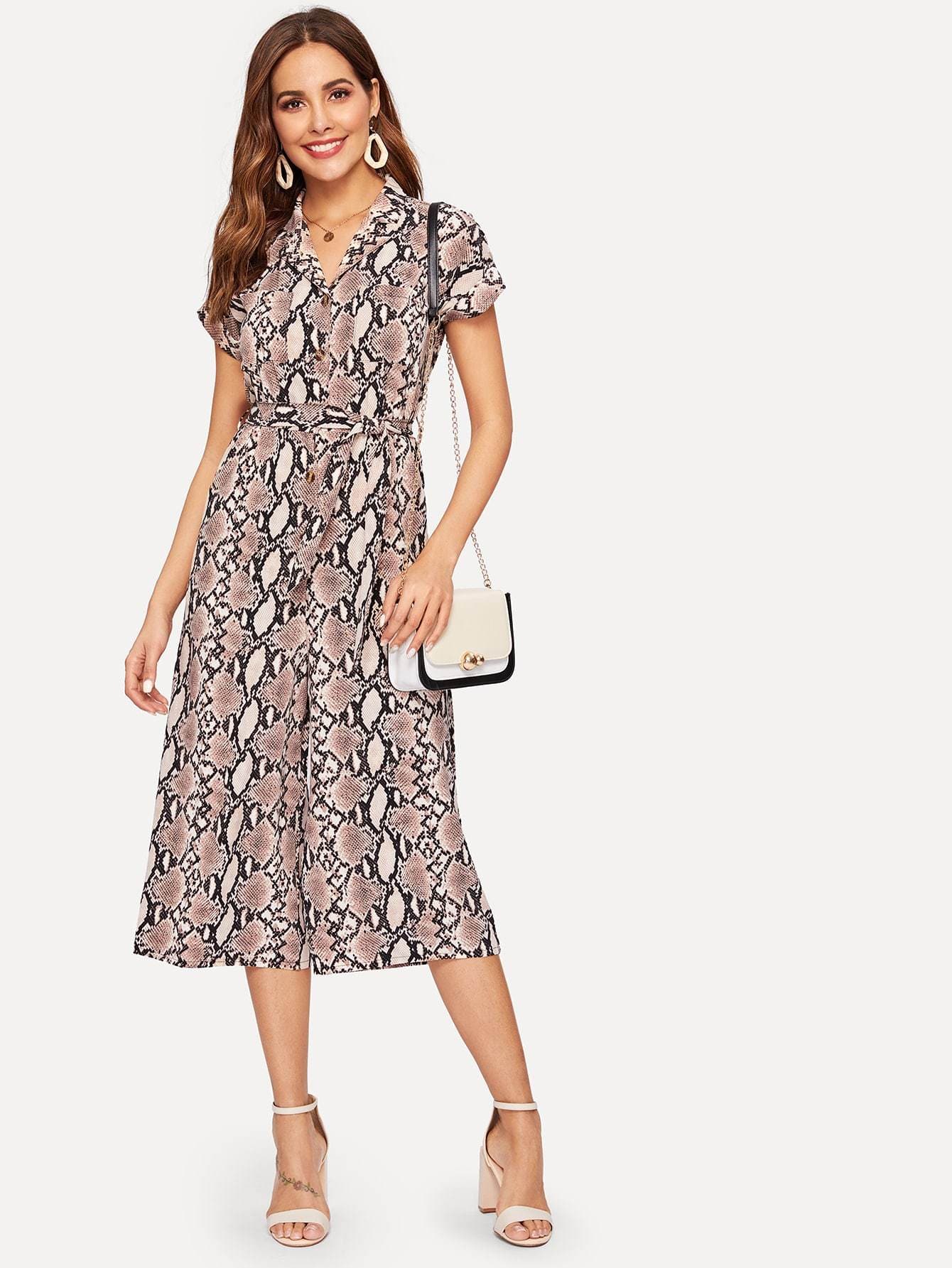Polyester Notched Neckline Short Sleeve Self Tie Snakeskin Print Jumpsuit