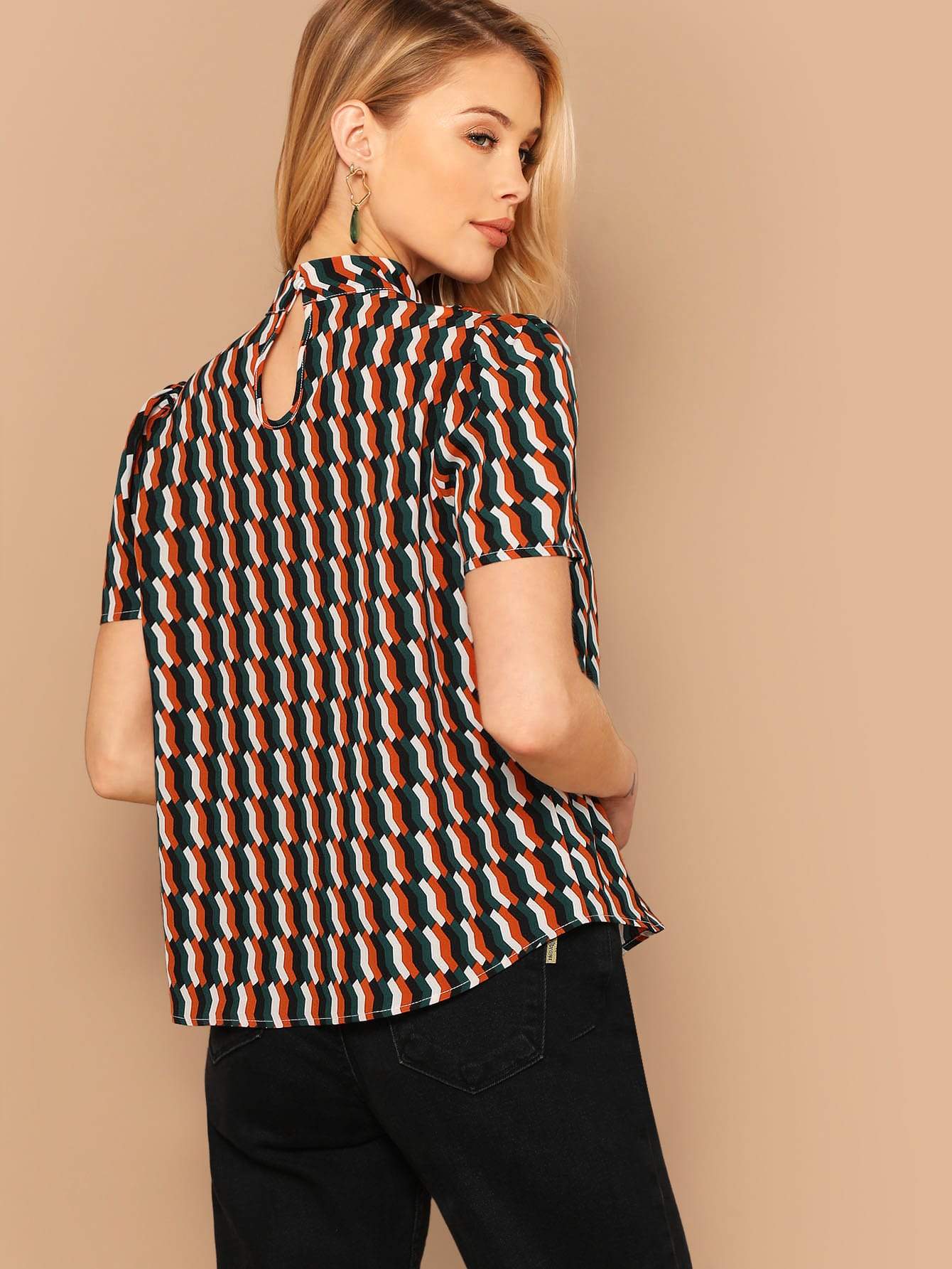 Stand Collar Choker Neck Geometric Print Top