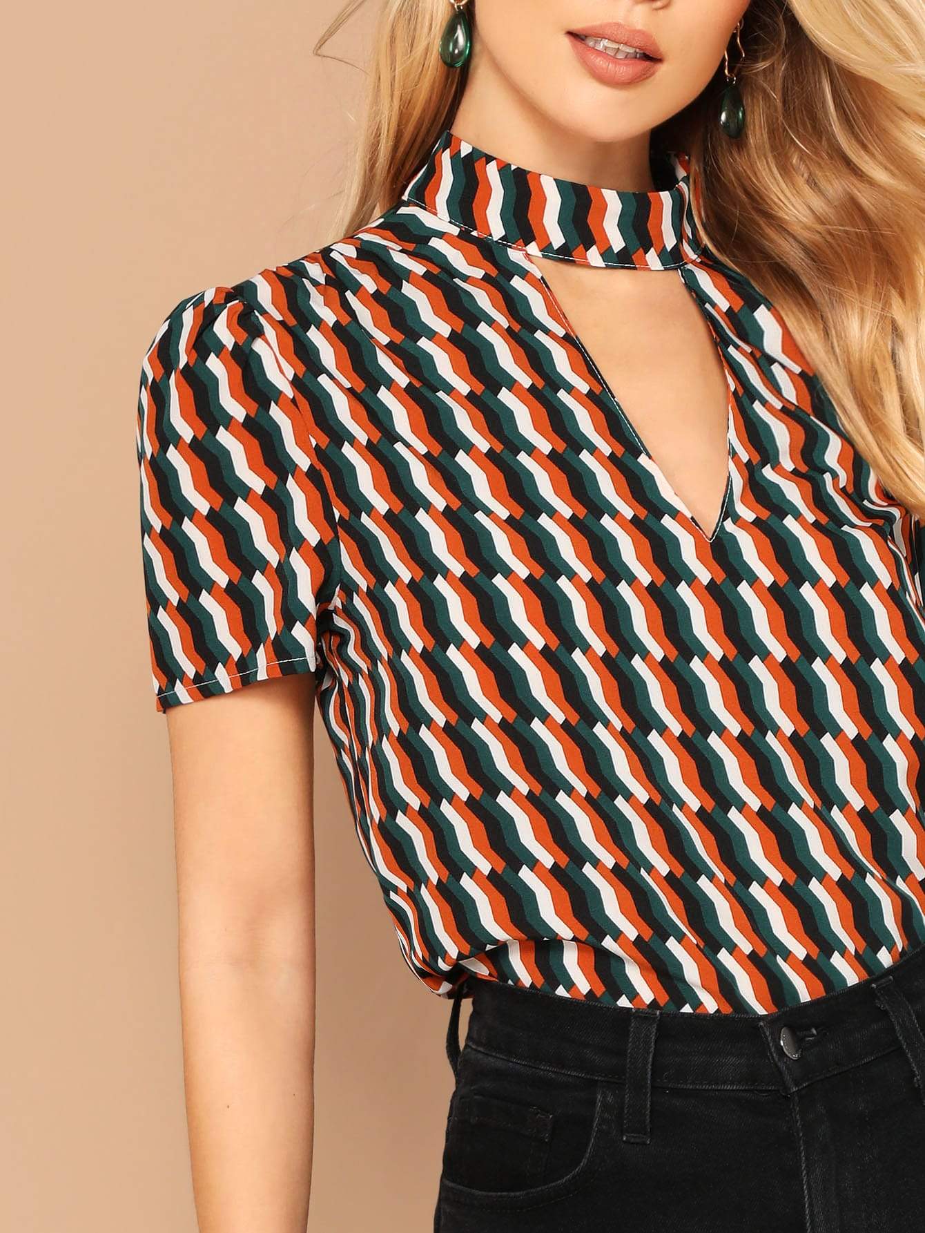 Stand Collar Choker Neck Geometric Print Top